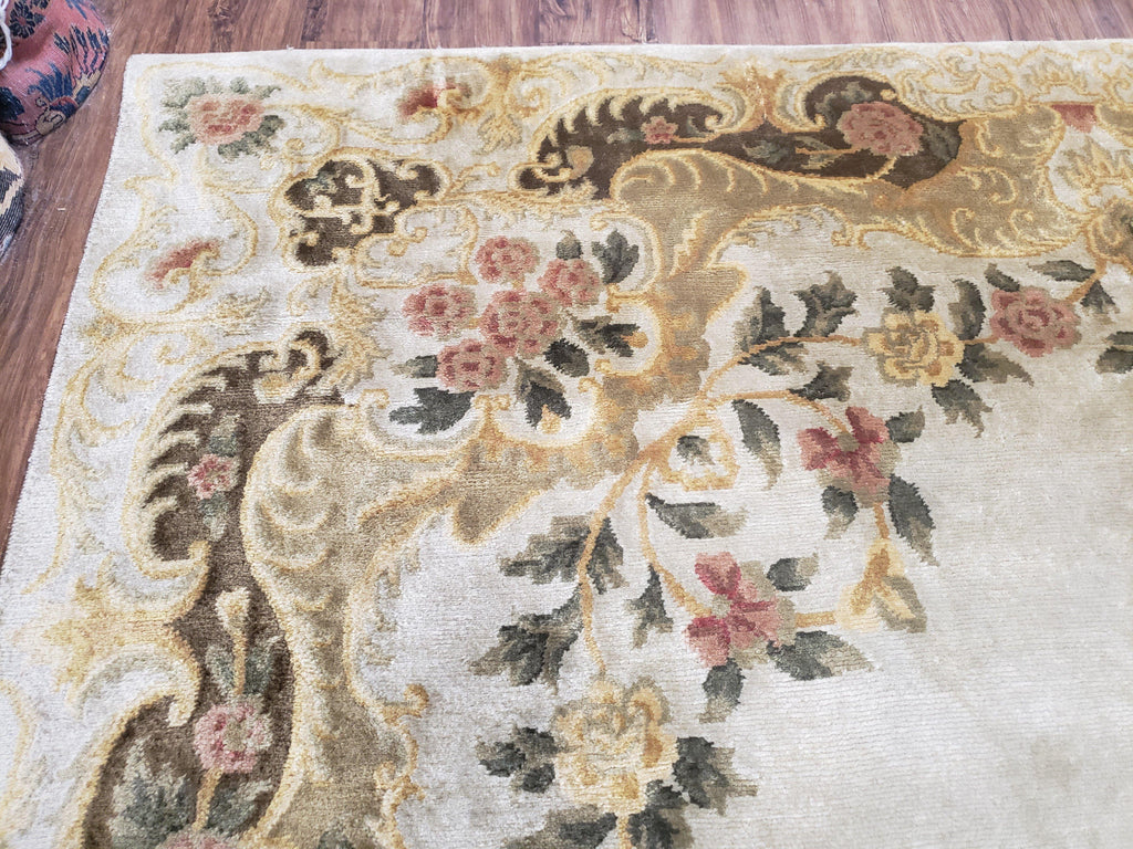 Aubusson Rug 10x14, Elegant French European Design, Vintage Handmade Carpet with Pile, Beige Floral Dining Room Rug, Living Room, Soft Wool