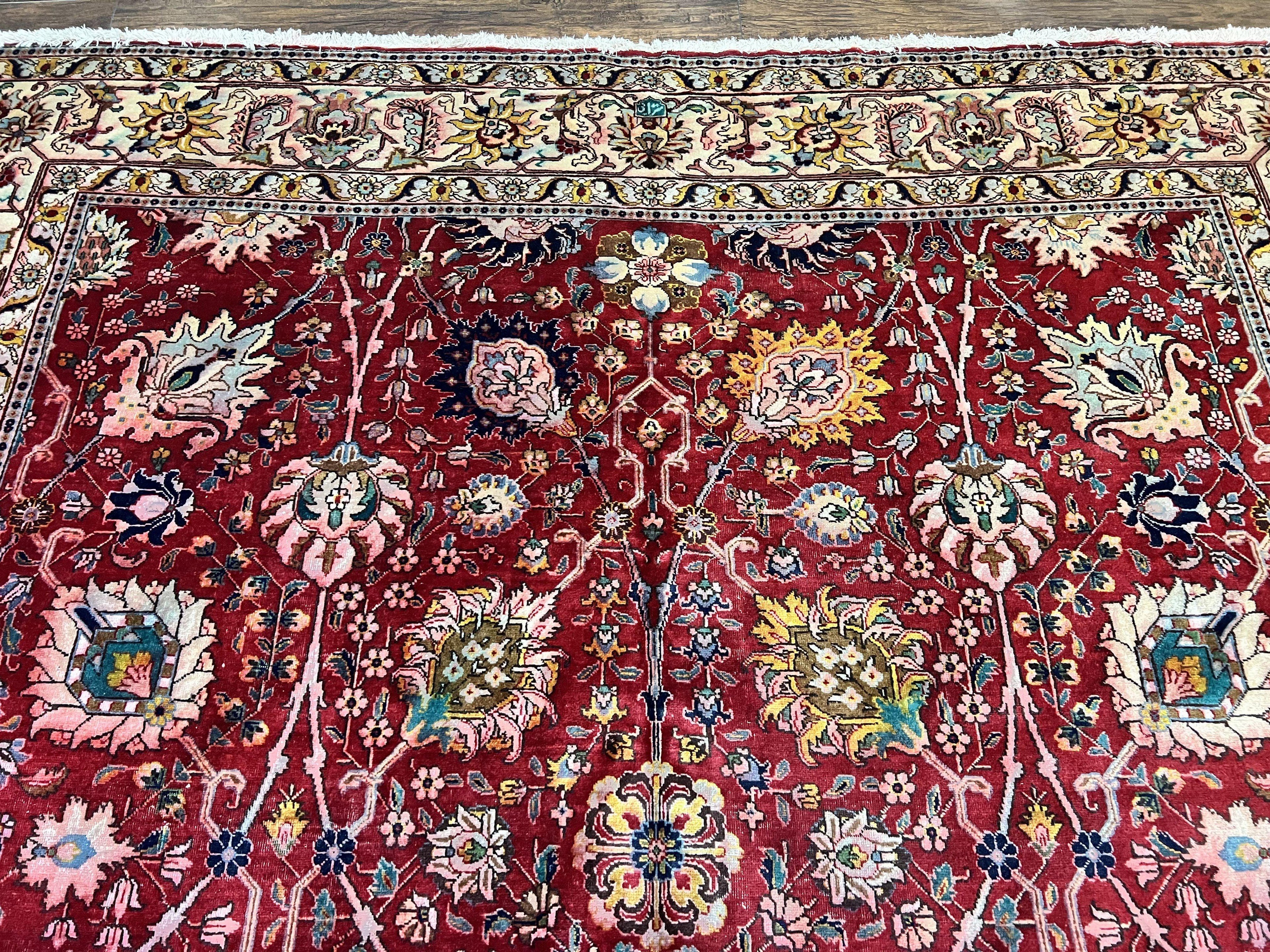 Persian Tabriz Rug 10x12, Floral Allover, Handmade Vintage Wool Carpet, Red and Cream