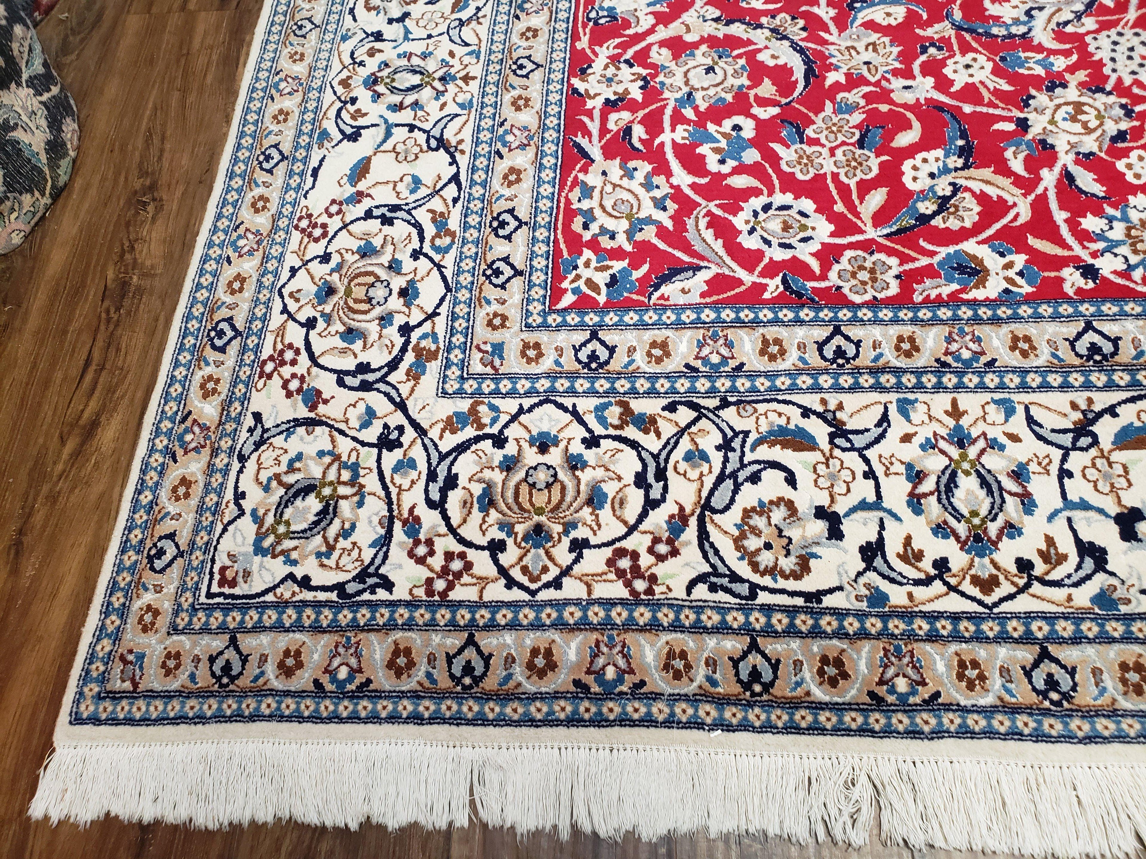 Persian Nain Rug 8x12, Red and Ivory, Signed