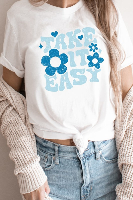 Take It Easy Floral And Hearts Spring Graphic Tee T-Shirt