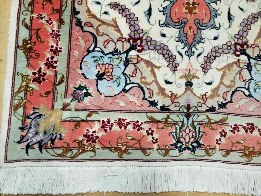 Small Vintage Persian Tabriz Wool and Silk Rug 2.5 x 4 ft, Very Finely Hand Knotted, Medallion, Ivory Salmon Light Blue, Top Quality, Pair A