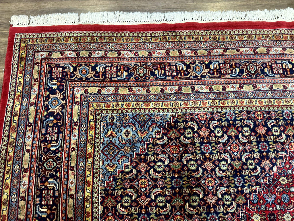Indo Persian Bidjar Rug 10x14, Red and Dark Blue, Herati Mahi Pattern, Vintage
