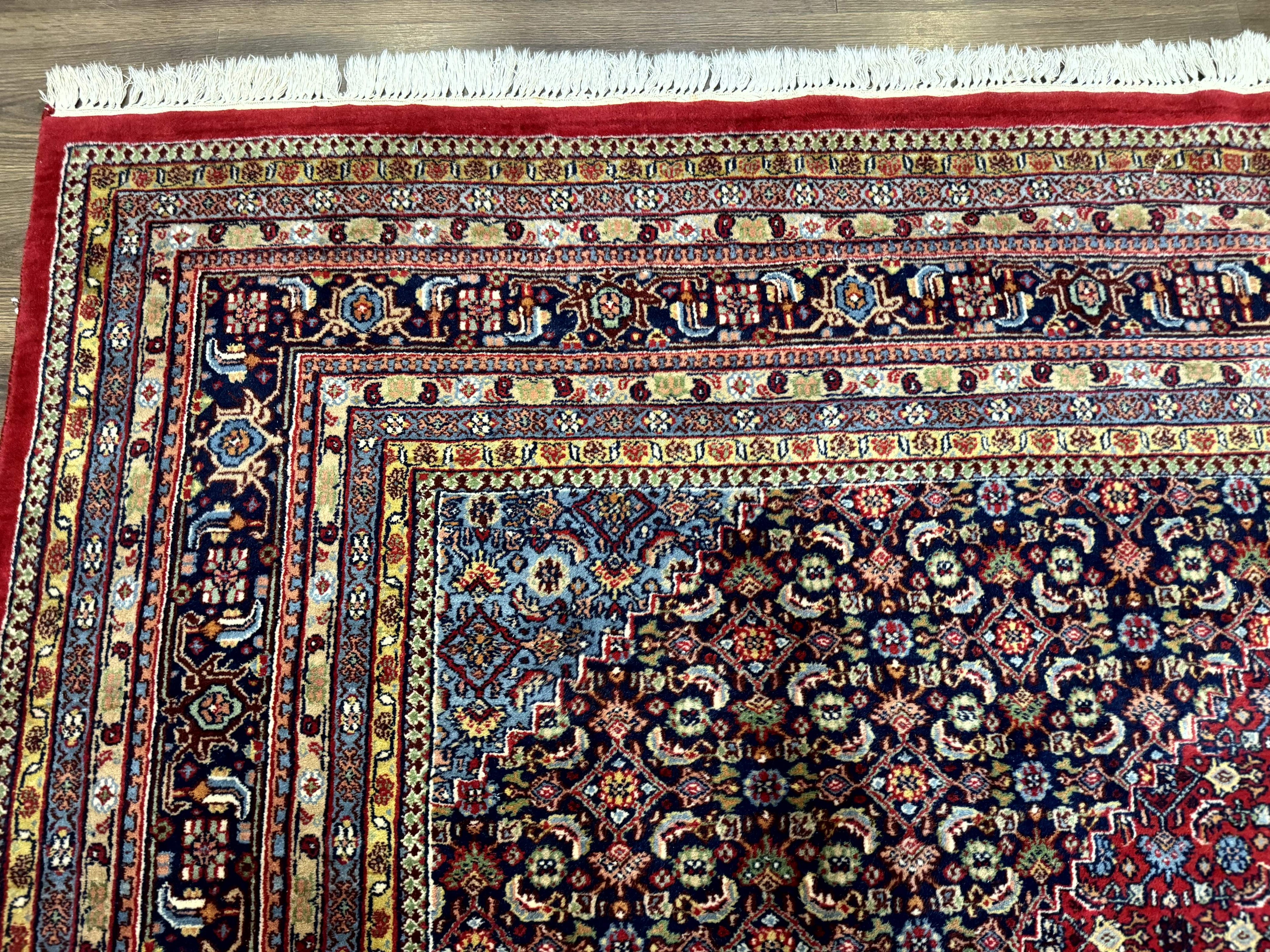 Indo Persian Bidjar Rug 10x14, Red and Dark Blue, Herati Mahi Pattern, Vintage