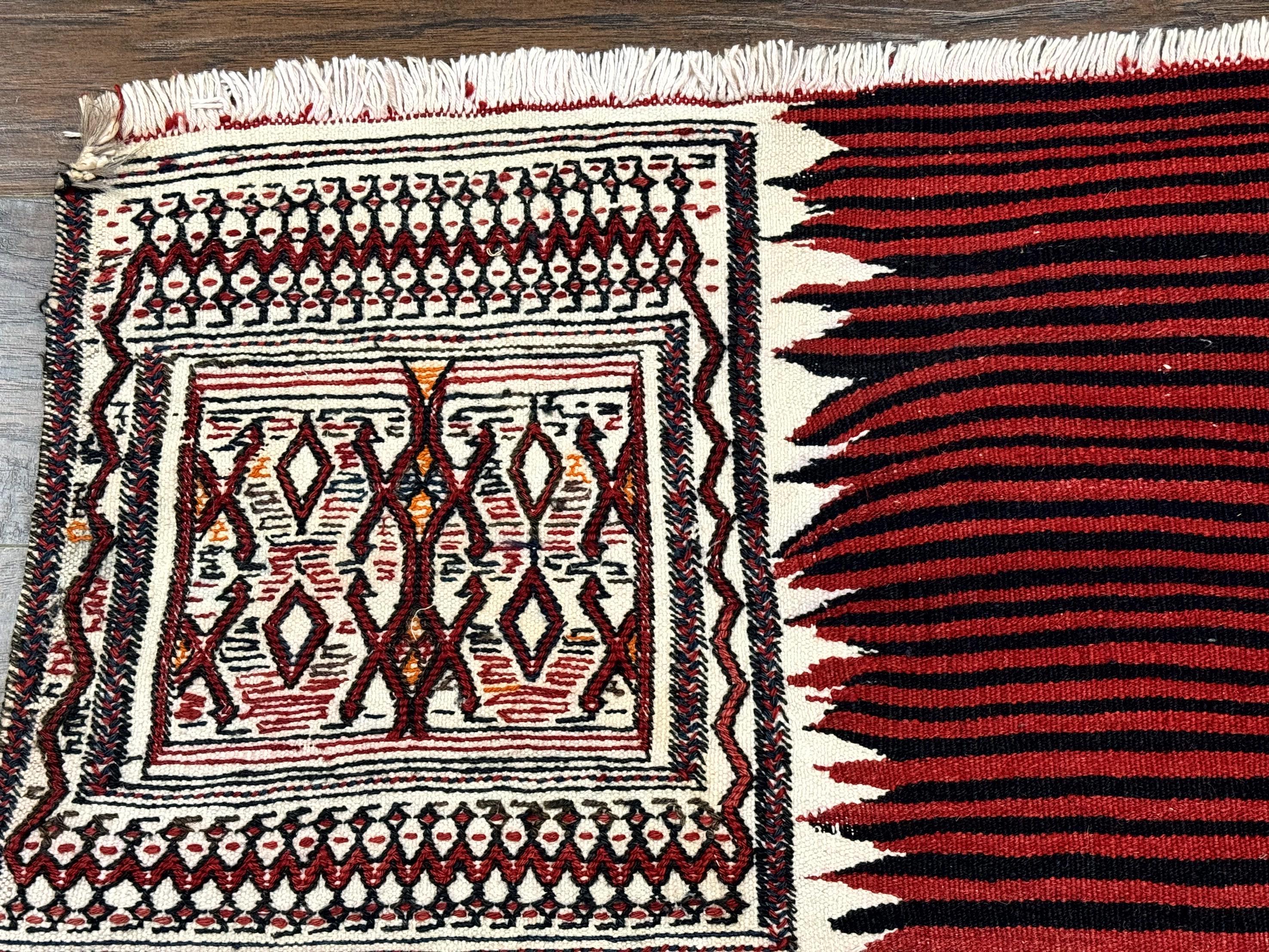 Persian Tribal Nomadic Saddle Cover Rug, Antique, Handmade, Wool, Red Ivory Black, Collectible, Shahsavan