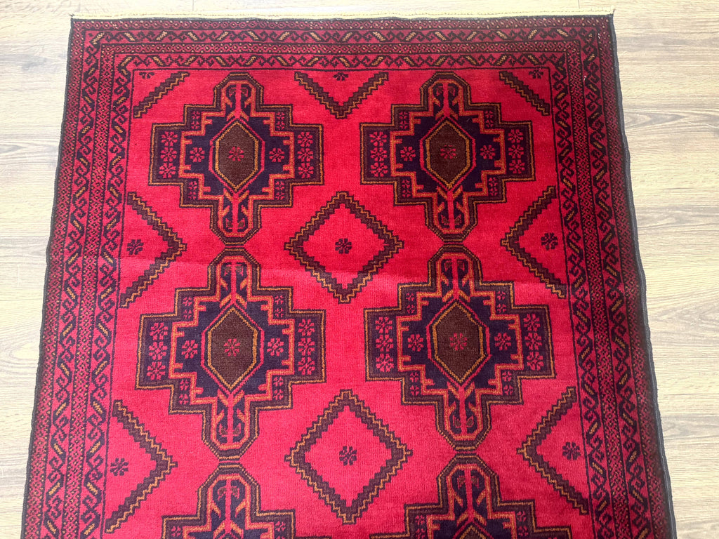 Afghan Rug 4x7, Tribal Carpet, Balouch Rug, Red and Navy Blue, Repeated Medallions, New