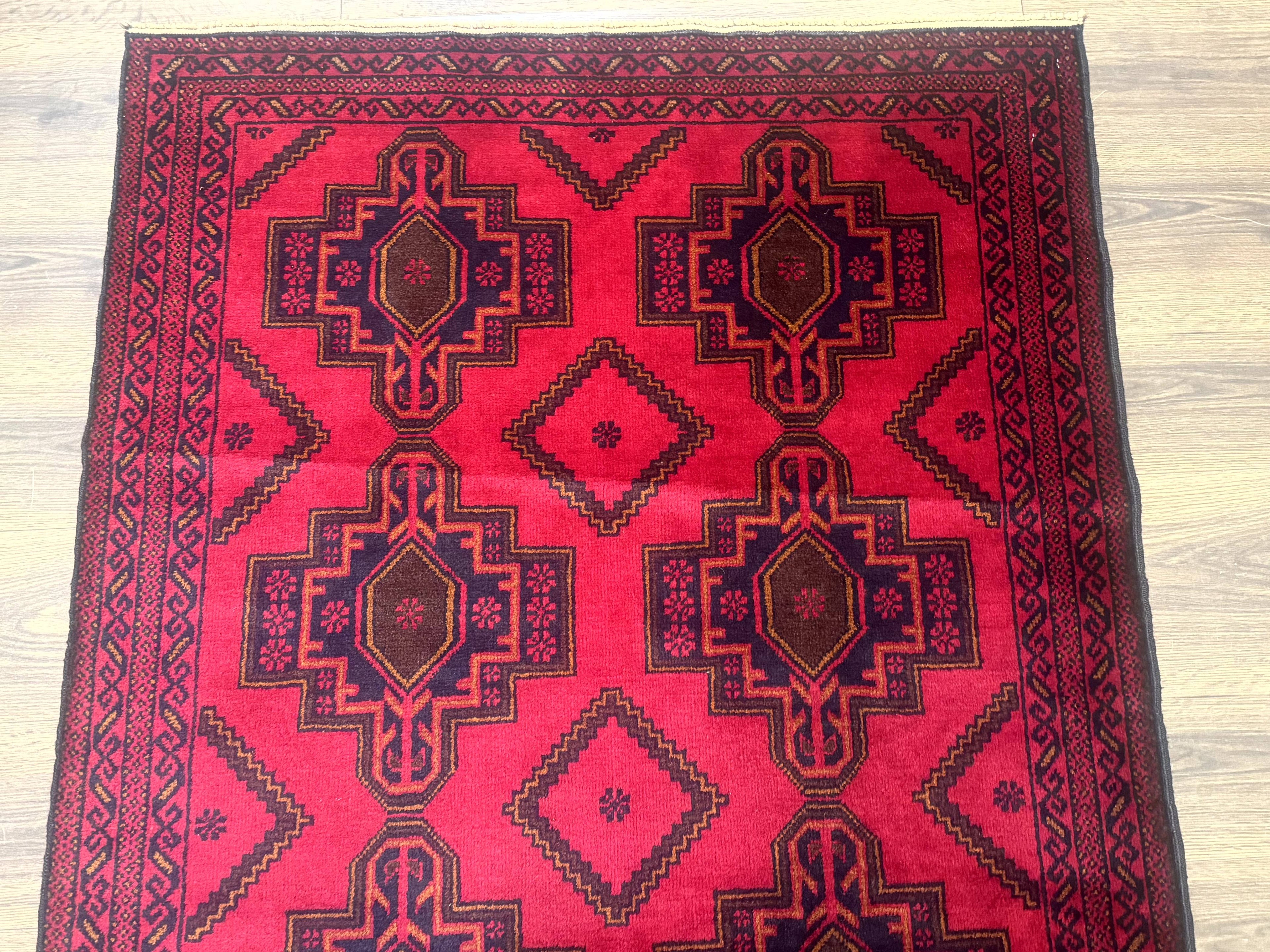 Afghan Rug 4x7, Tribal Carpet, Balouch Rug, Red and Navy Blue, Repeated Medallions, New