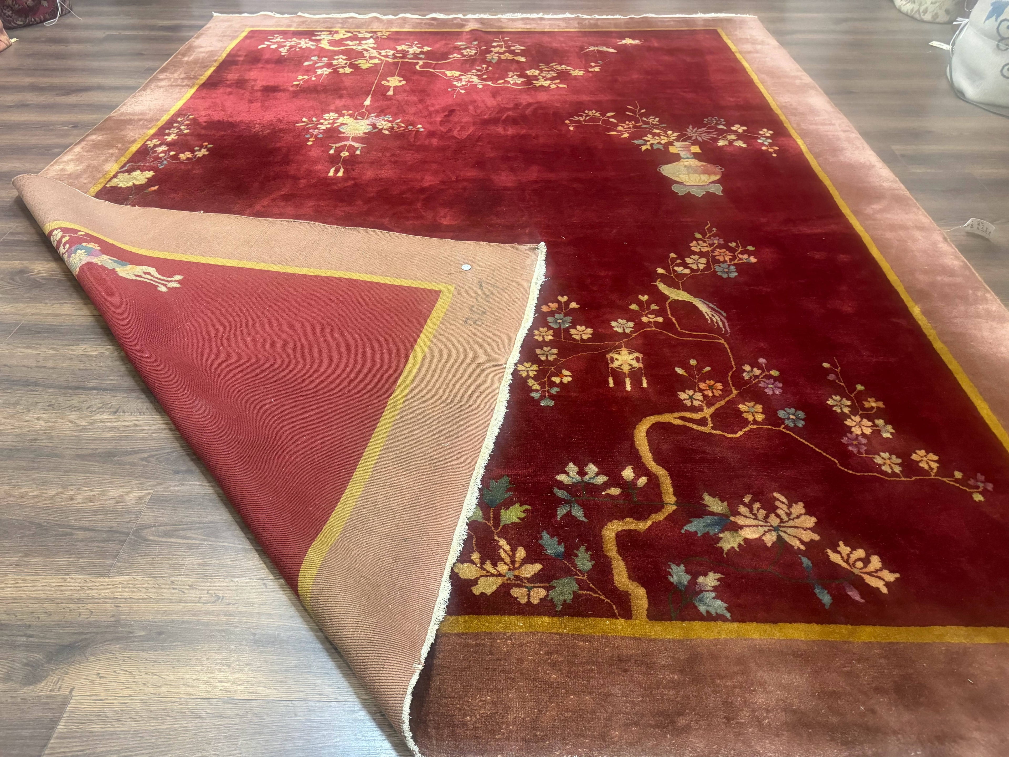 Red Chinese Art Deco Rug 9x11, Simple Design, Wool Chinese Area Rug, Antique