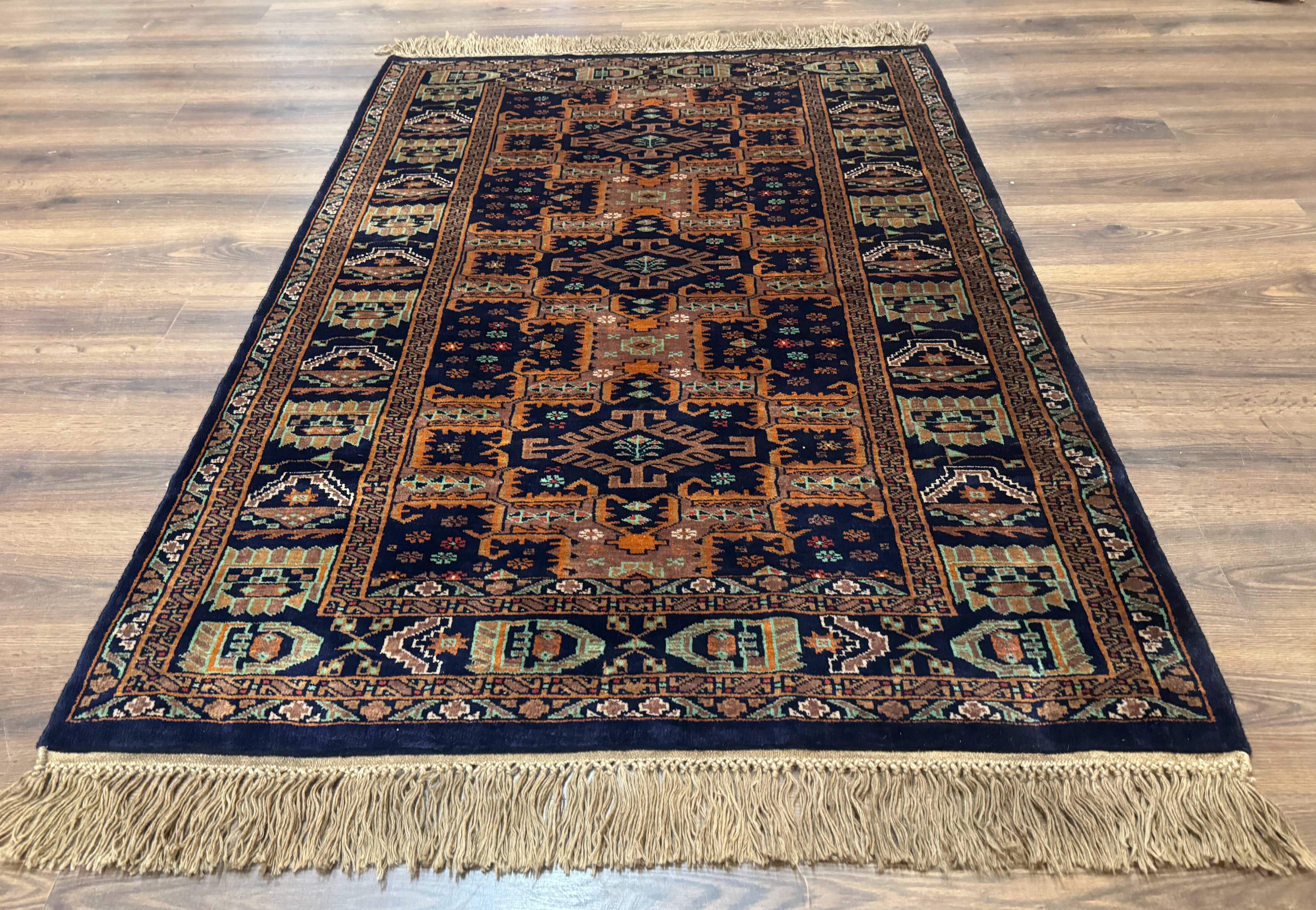 Vintage Afghan Rug 4x6, Navy Blue and Light Brown, Geometric Medallions, Wool on Wool, Tribal Rug