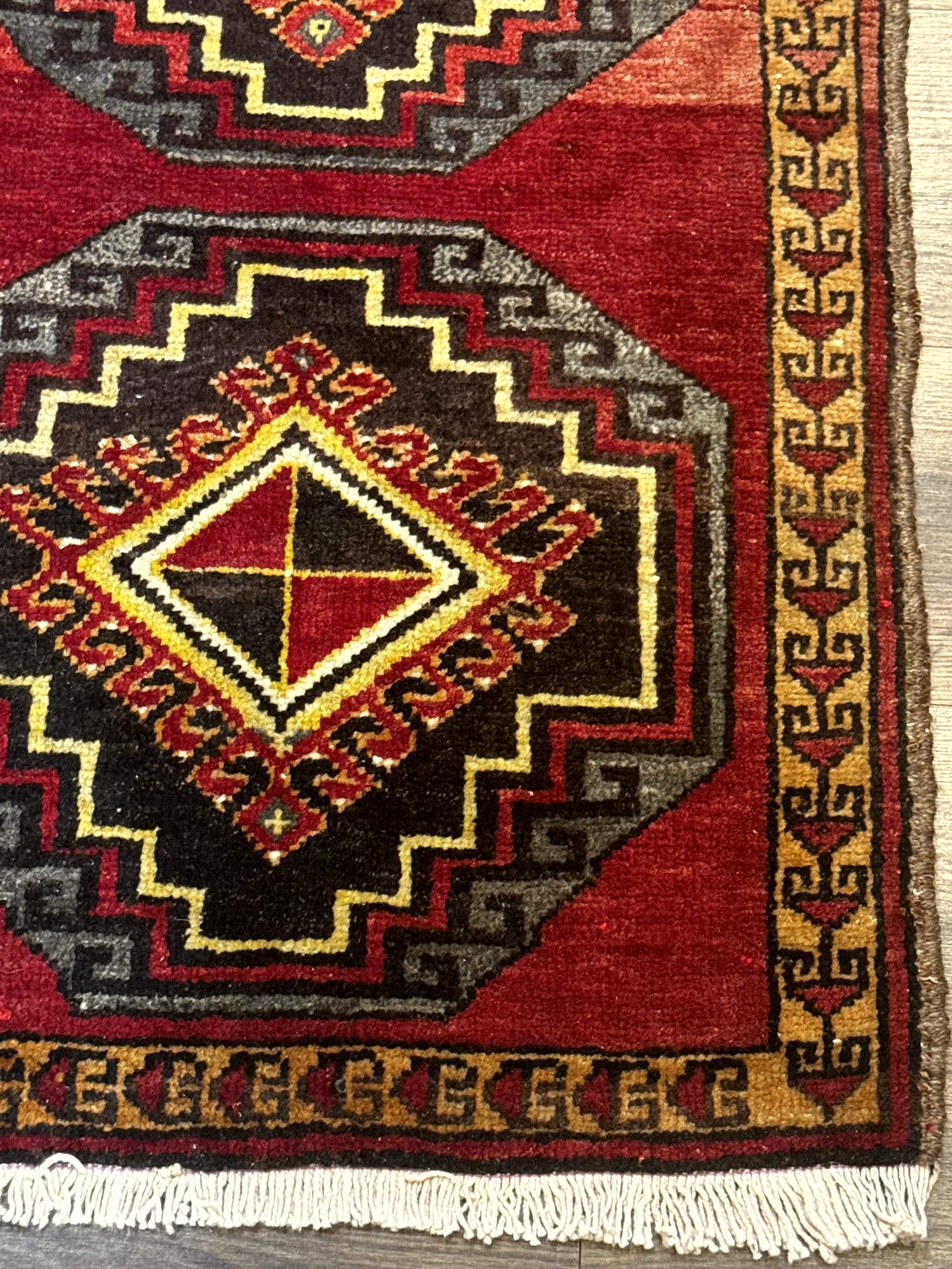 Small Antique Turkish Yastik Rug 2x3, Double Medallions, Geometric, Red, Wool