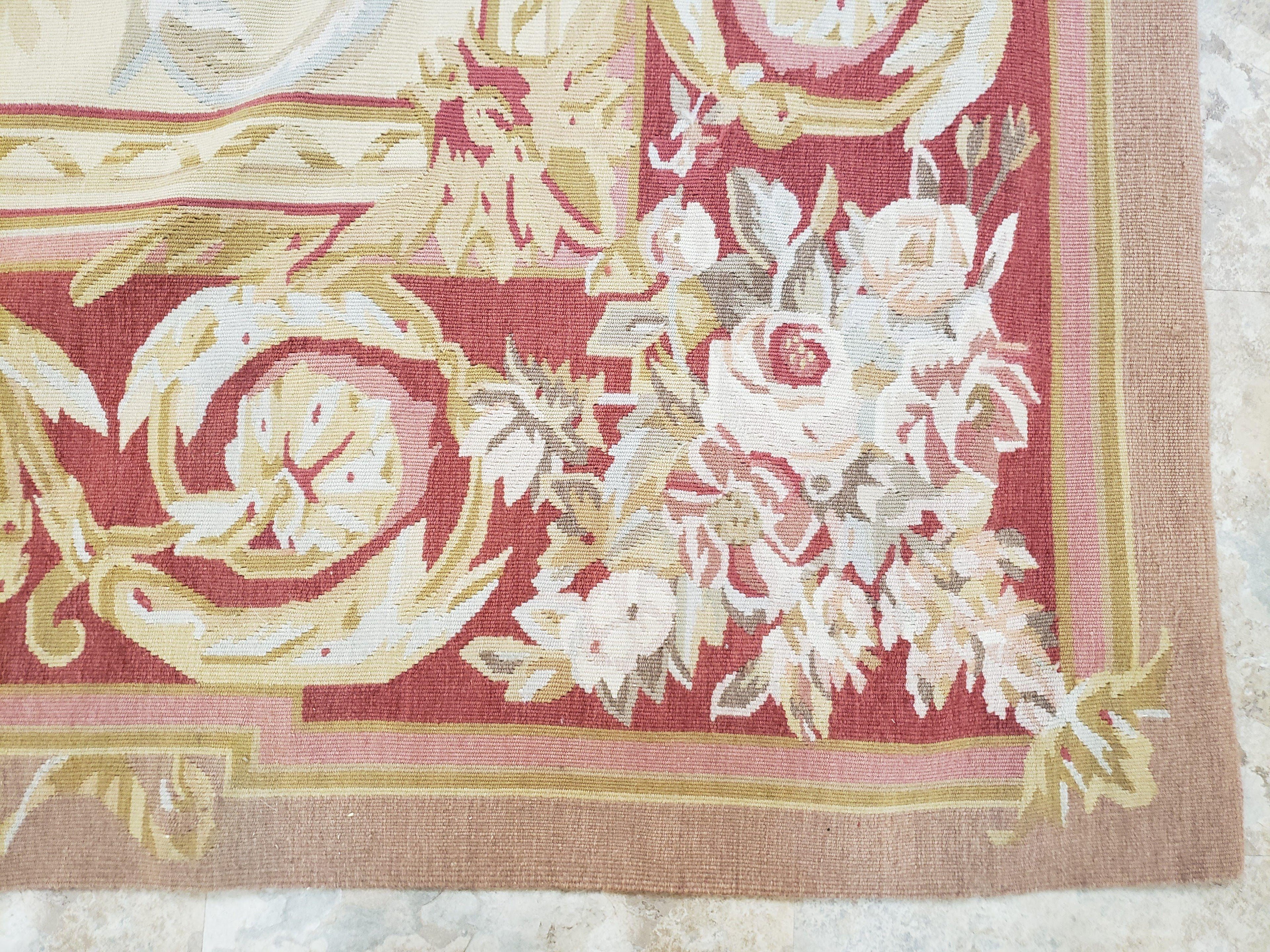 Aubusson Rug 6x9, Elegant Flatweave Rug, Aubusson Savonnerie 6 x 9 Flatweave Area Rug, Cream and Red, Wool Hand Woven Carpet, Medium Size