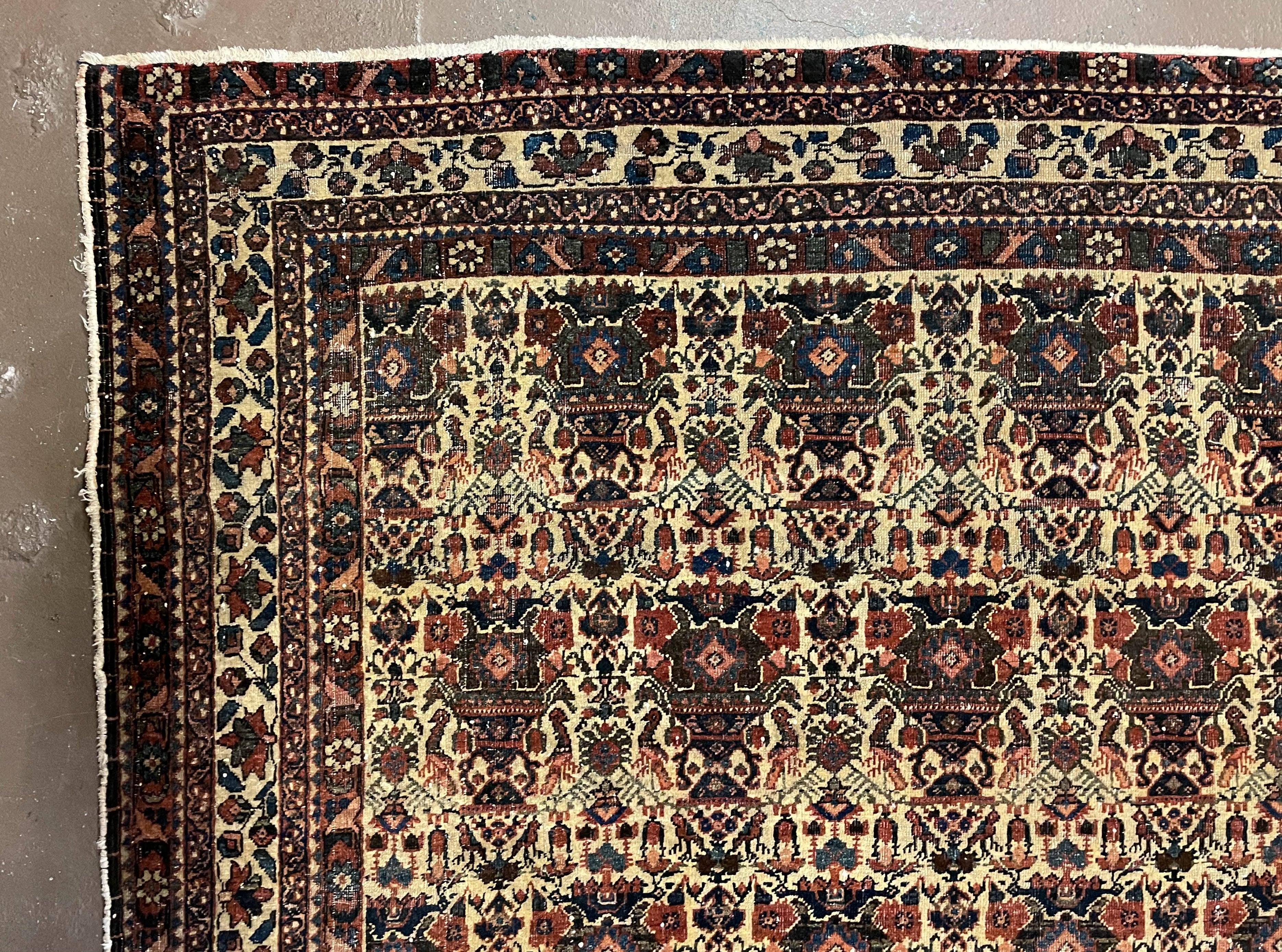 Antique Persian Afshar Rug 5x7, Wool Hand Knotted Oriental Carpet 5 x 7 ft, Repeated Motif Allover, Cream and Maroon, Tribal Rug, Medium Sized Rug,  Zil-i-Sultan Design