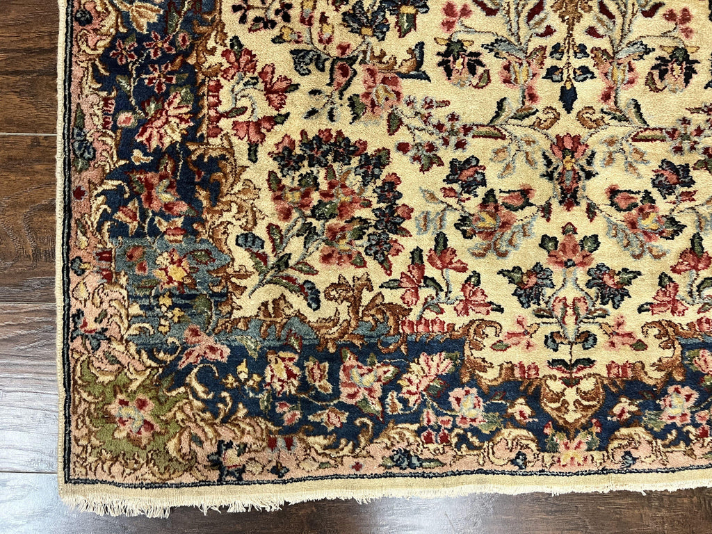 Antique Persian Kirman Rug 4x7, Cream and Navy Blue, Hand Knotted Wool Floral Carpet