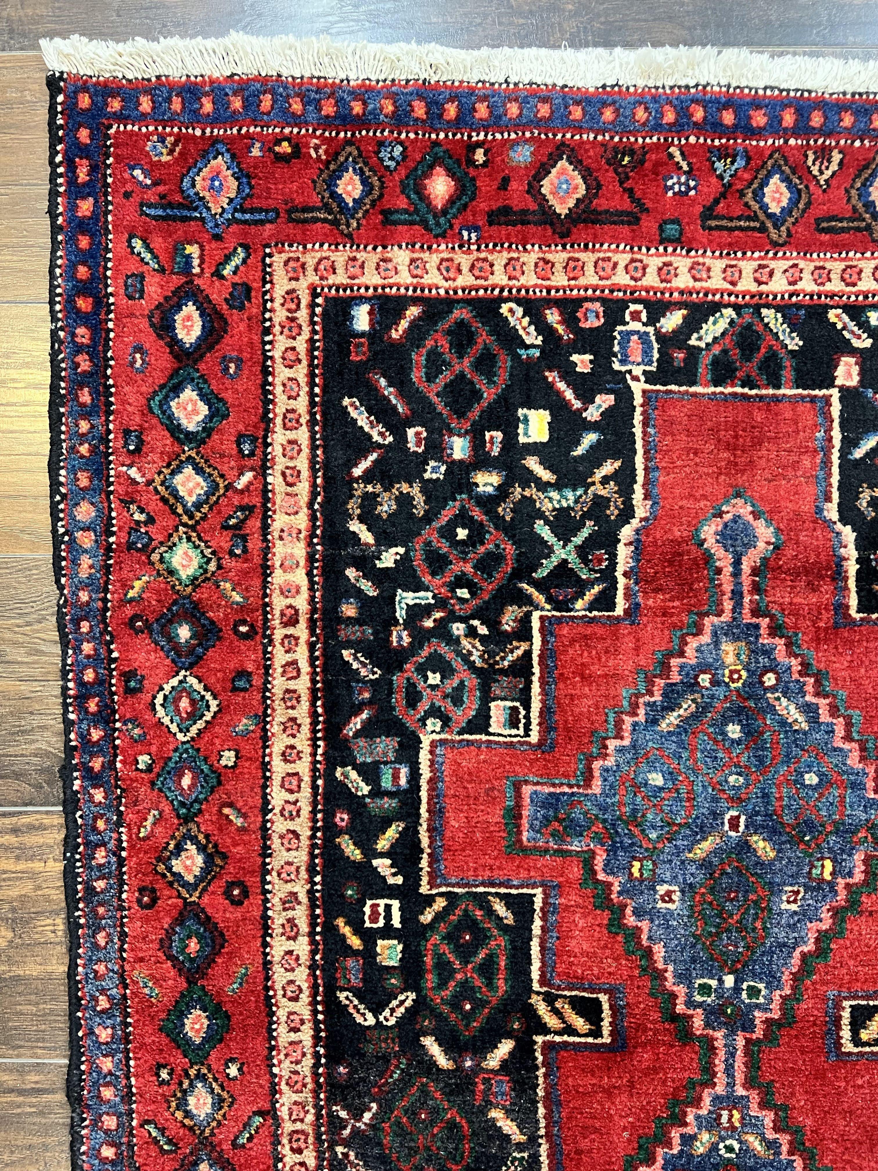 Persian Kurdish Senneh Runner Rug 3x9, Red Navy Blue, Medallions Wool Tribal Runner for Kitchen/Hallway 9ft Antique Handmade Oriental Runner