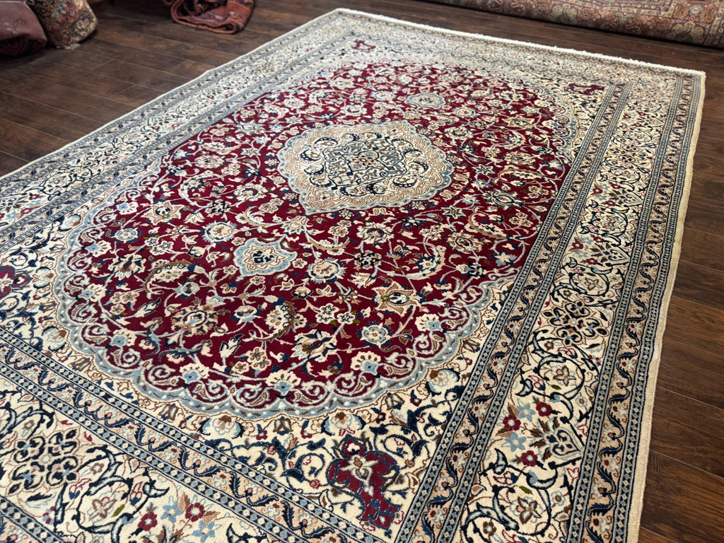 Persian Nain Rug 8x11, Wool and Silk Highlights, Burgundy & Ivory