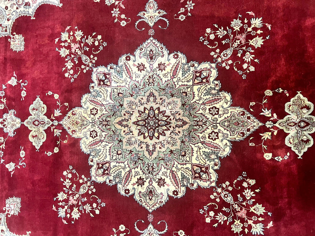 Pak Persian Rug 9x12, Handmade Vintage Traditional Wool Carpet, Floral Medallion, Dark Red Ivory/Cream, Fine 250 KPSI