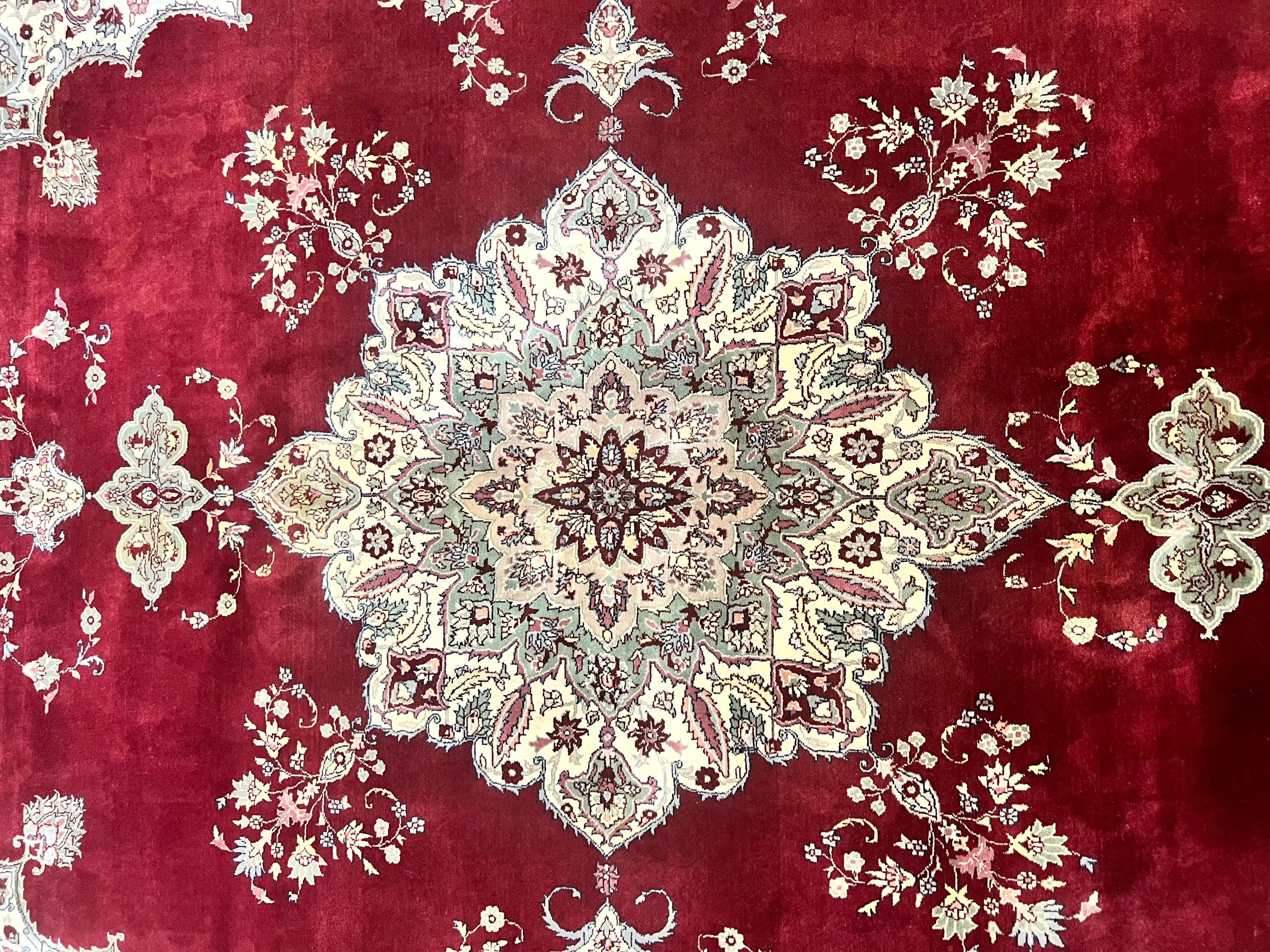 Pak Persian Rug 9x12, Handmade Vintage Traditional Wool Carpet, Floral Medallion, Dark Red Ivory/Cream, Fine 250 KPSI