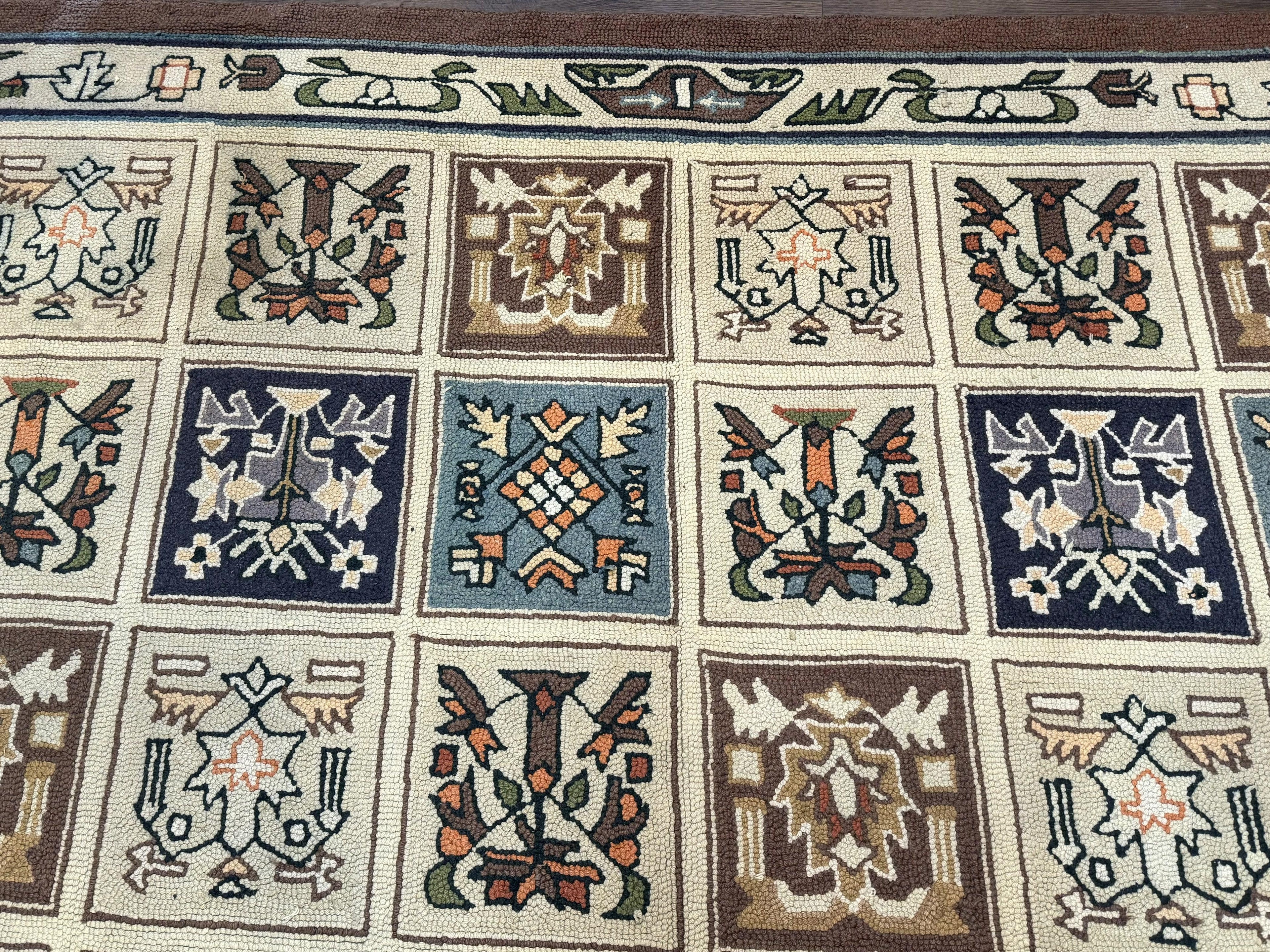 Hooked Rug 8x11, Vintage, American Vintage Hand Hooked Area Rug, Multicolor Panel, Rare