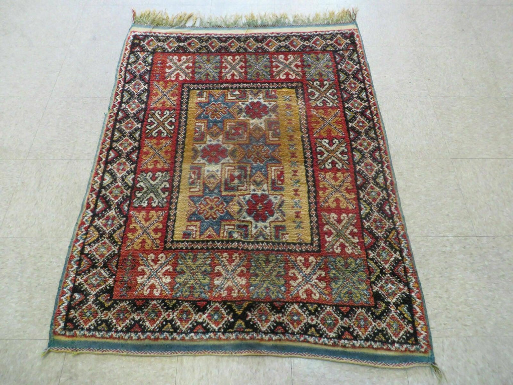 Vintage Moroccan Rug 4x5 ft, Bronze Red Black, Geometric Stars, High Quality Moroccan Carpet, Berber Rug, Handmade Wool Area Rug, Unique Rug