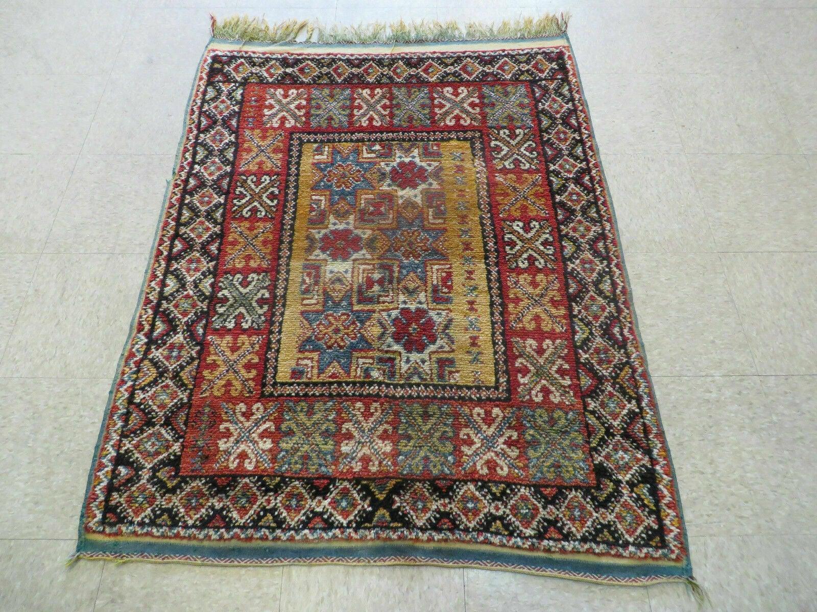 Vintage Moroccan Rug 4x5 ft, Bronze Red Black, Geometric Stars, High Quality Moroccan Carpet, Berber Rug, Handmade Wool Area Rug, Unique Rug