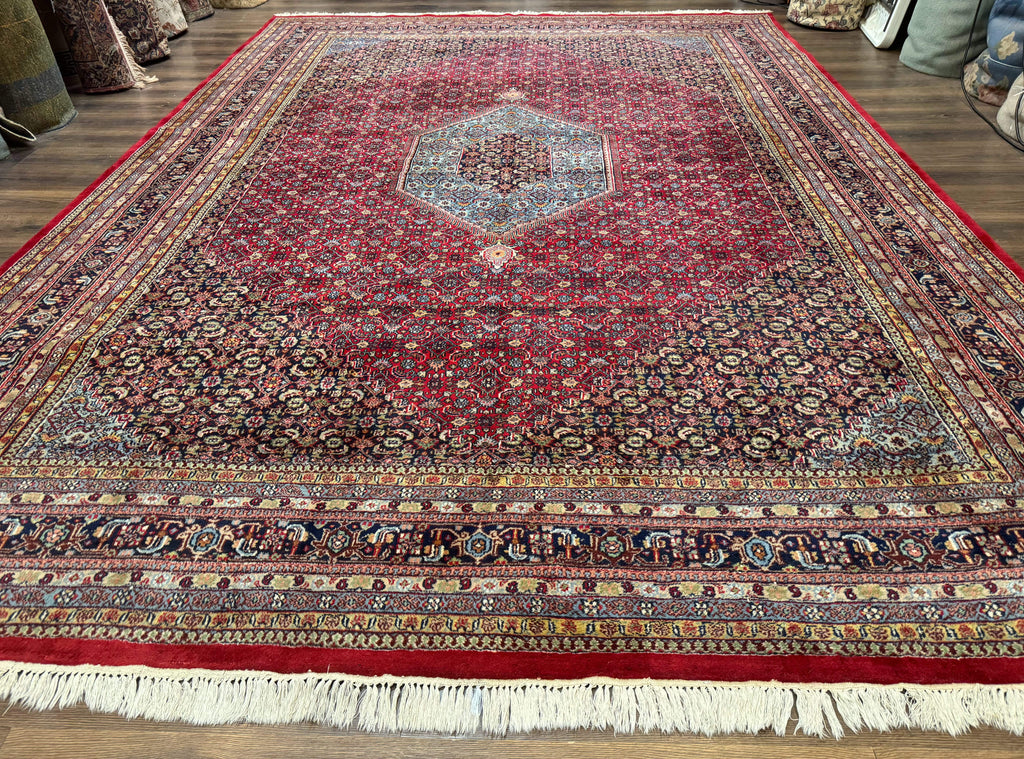 Indo Persian Bidjar Rug 10x14, Red and Dark Blue, Herati Mahi Pattern, Vintage