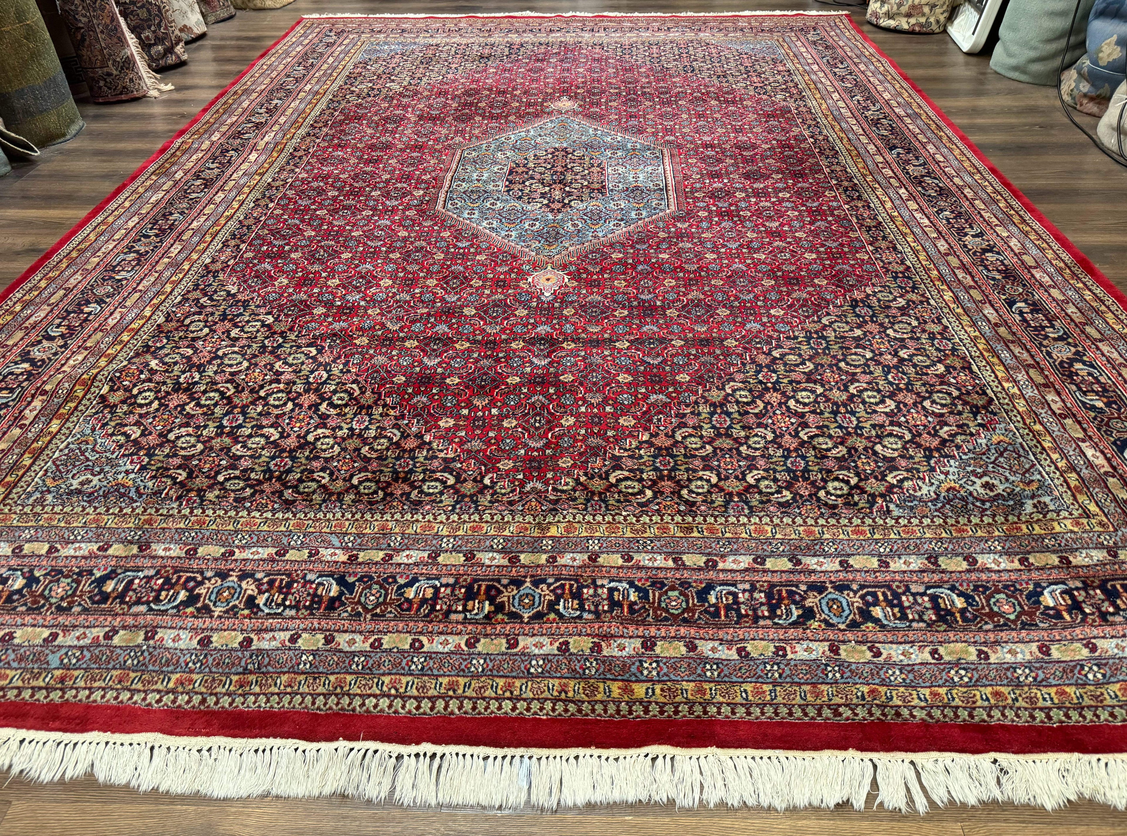 Indo Persian Bidjar Rug 10x14, Red and Dark Blue, Herati Mahi Pattern, Vintage