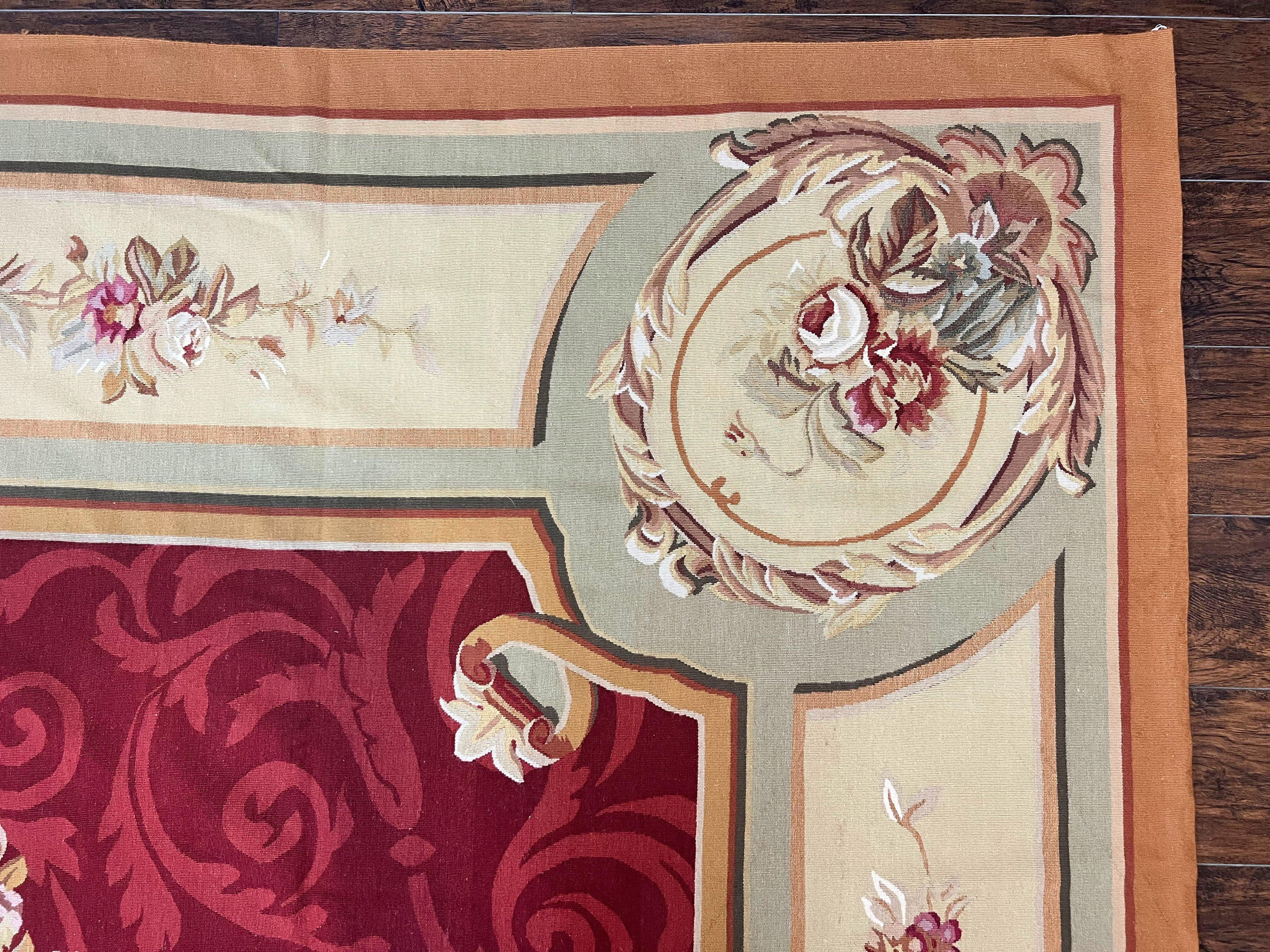 Large Aubusson Rug 10x14, Wool Handmade Vintage Carpet, Dark Red Ivory Tan, French European Elegant Aubusson Weave Rug