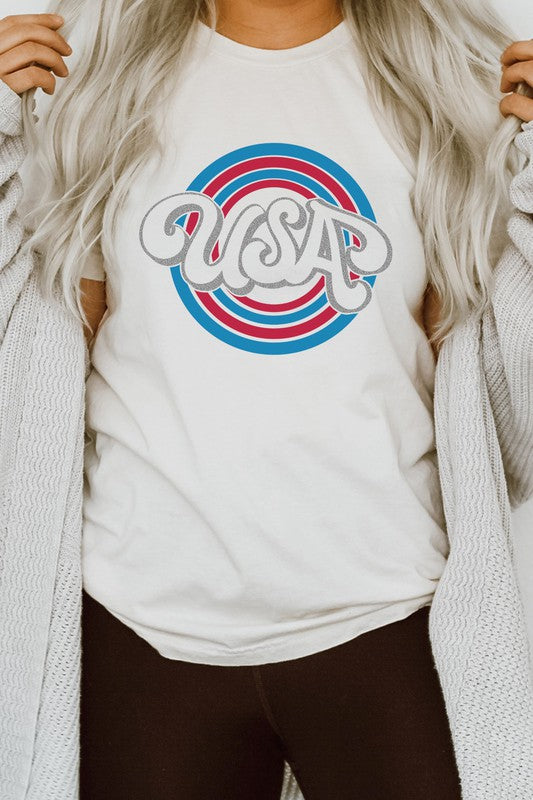 USA Patriotic Blue Red Circles July Graphic Tee T-Shirt