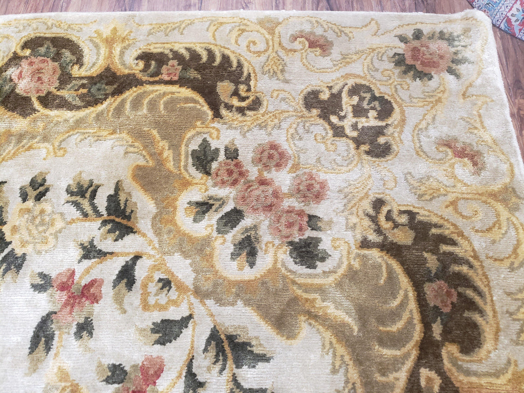Aubusson Rug 10x14, Elegant French European Design, Vintage Handmade Carpet with Pile, Beige Floral Dining Room Rug, Living Room, Soft Wool