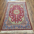Semi Antique Persian Isfahan Rug, Kork Wool on Silk Foundation, Red & Blue, Top Quality, 3'6" x 5' 6"