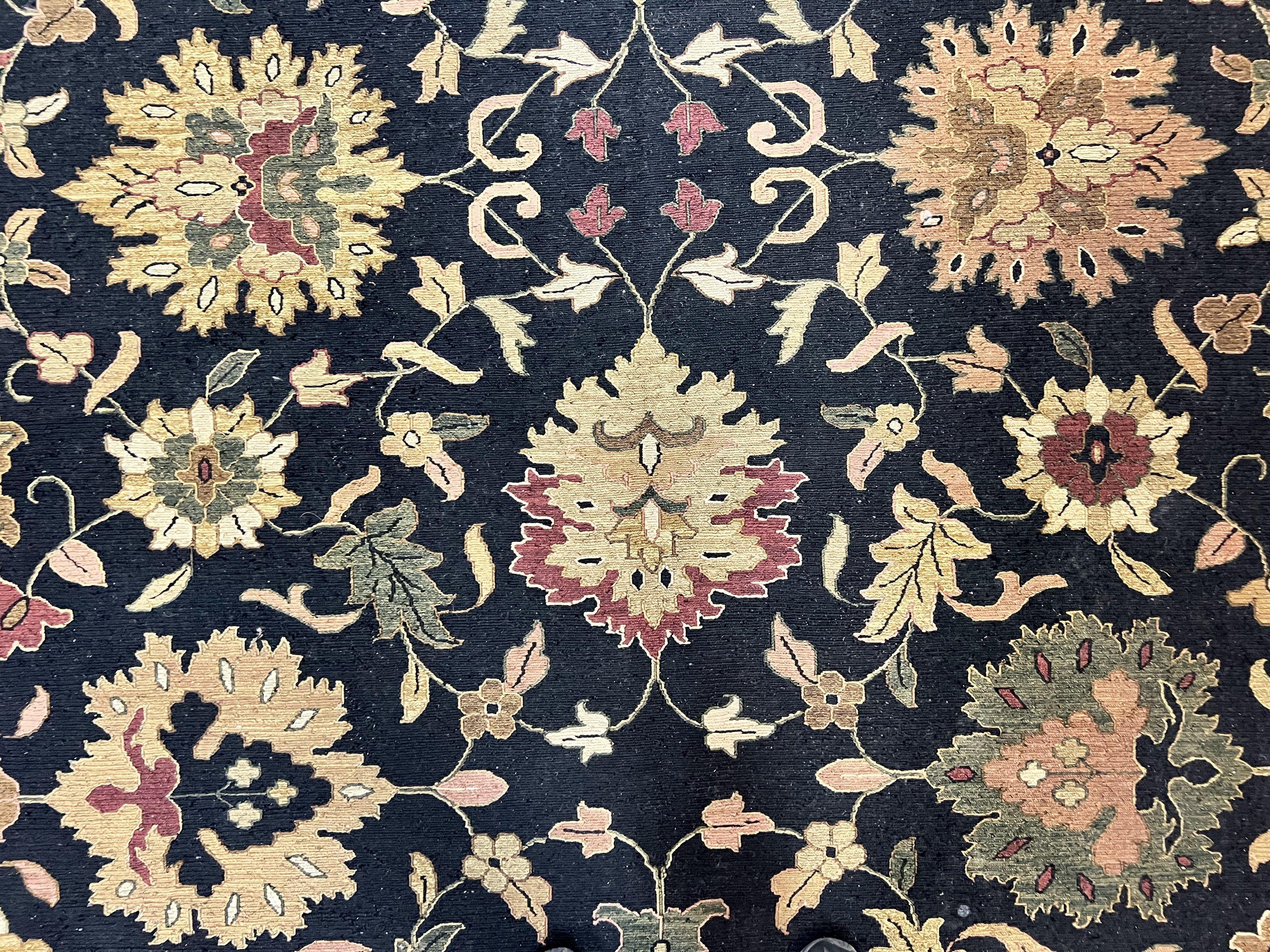 Indo Persian Rug 10x14, Wool Handmade Room Sized Floral Oriental Carpet, Indian Mahal Flatweave Rug, Black Beige