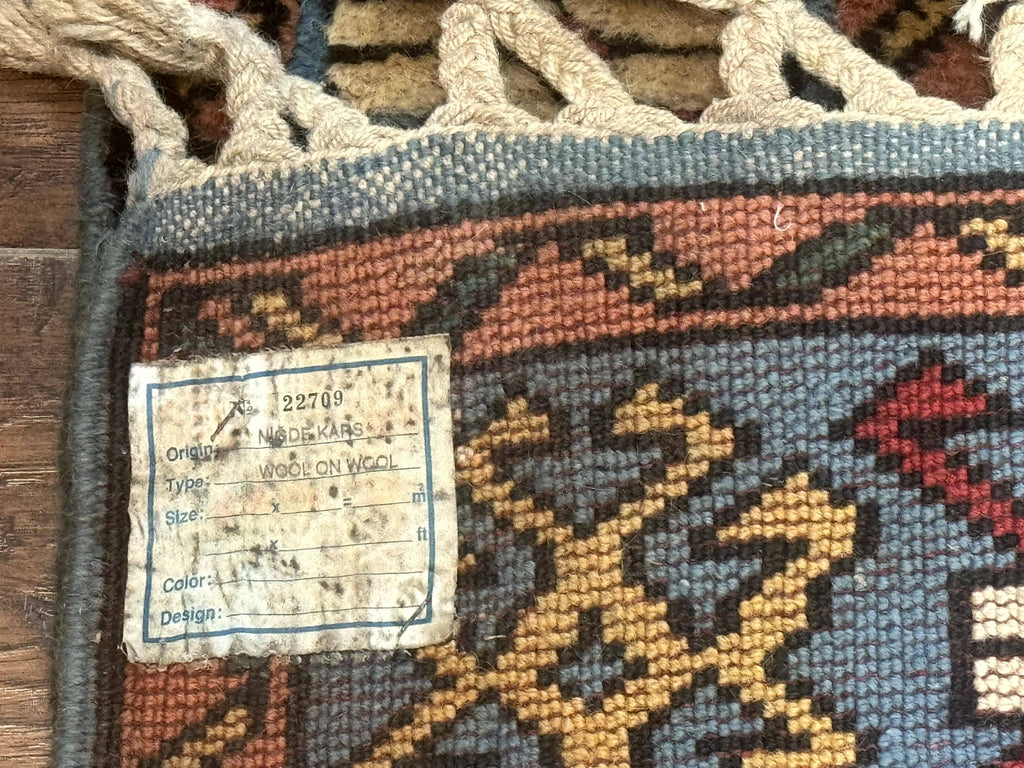 Turkish Kazak Runner Rug 3x11, Cream and Light Blue, Vintage