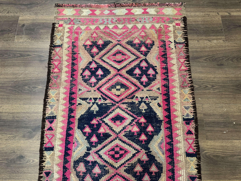 Turkish Runner Rug 3x10, Pink and Navy Blue, Bohemian Runner for Hallway or Kitchen, Vintage, Geometric, Tribal