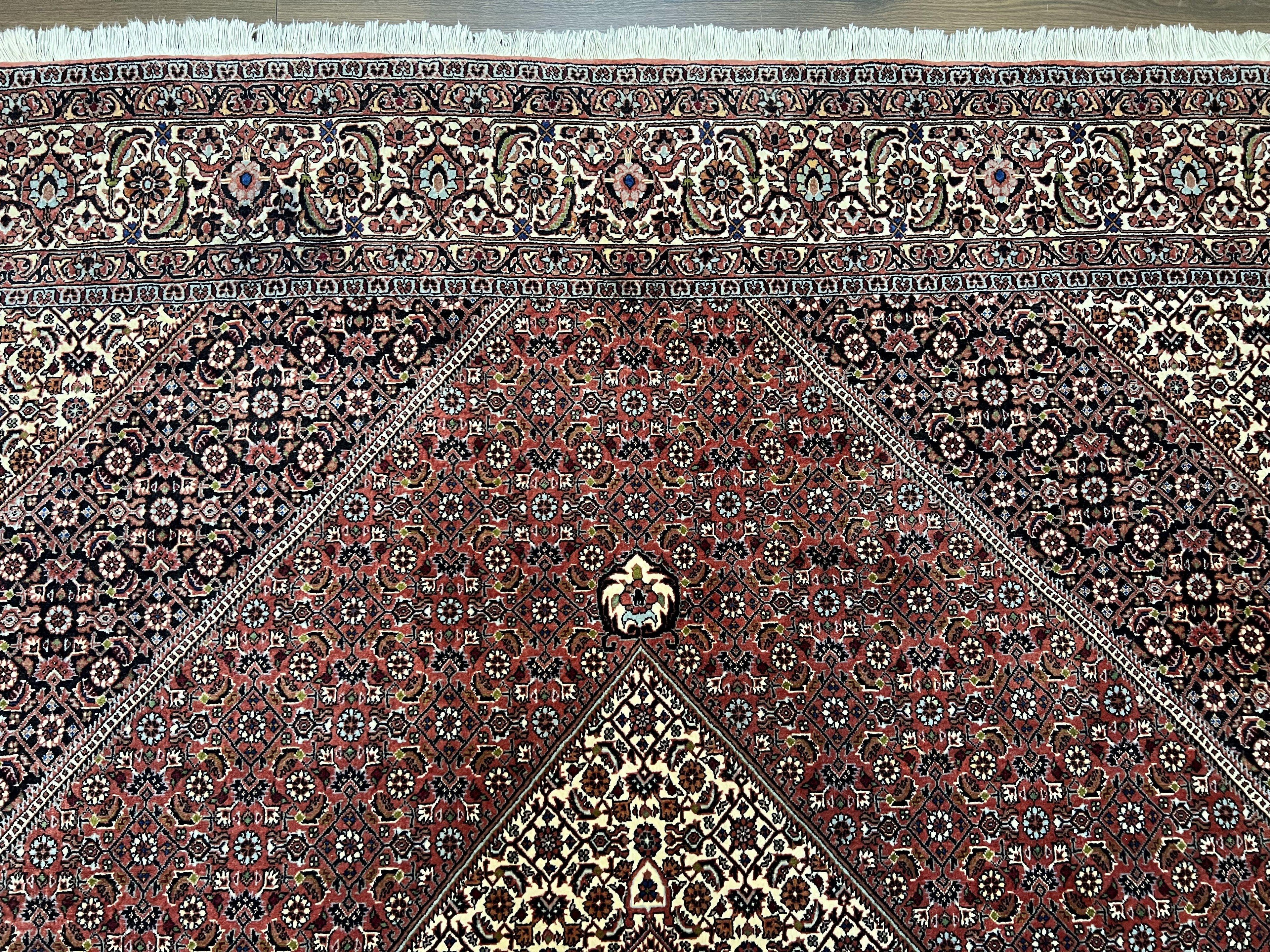 Wonderful Persian Bidjar Rug 7x8 ft, Almost Square Oriental Carpet, Herati Mahi, Highly Detailed, Ivory Red Navy Blue, Very Fine Handmade Bijar Rug