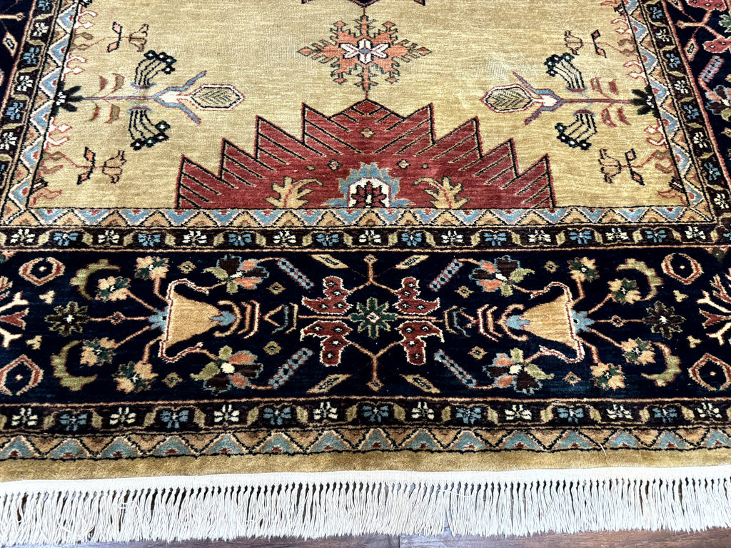 Indo Persian Heriz Rug 8x12, Camel Hair Tan and Navy Blue, Decorative