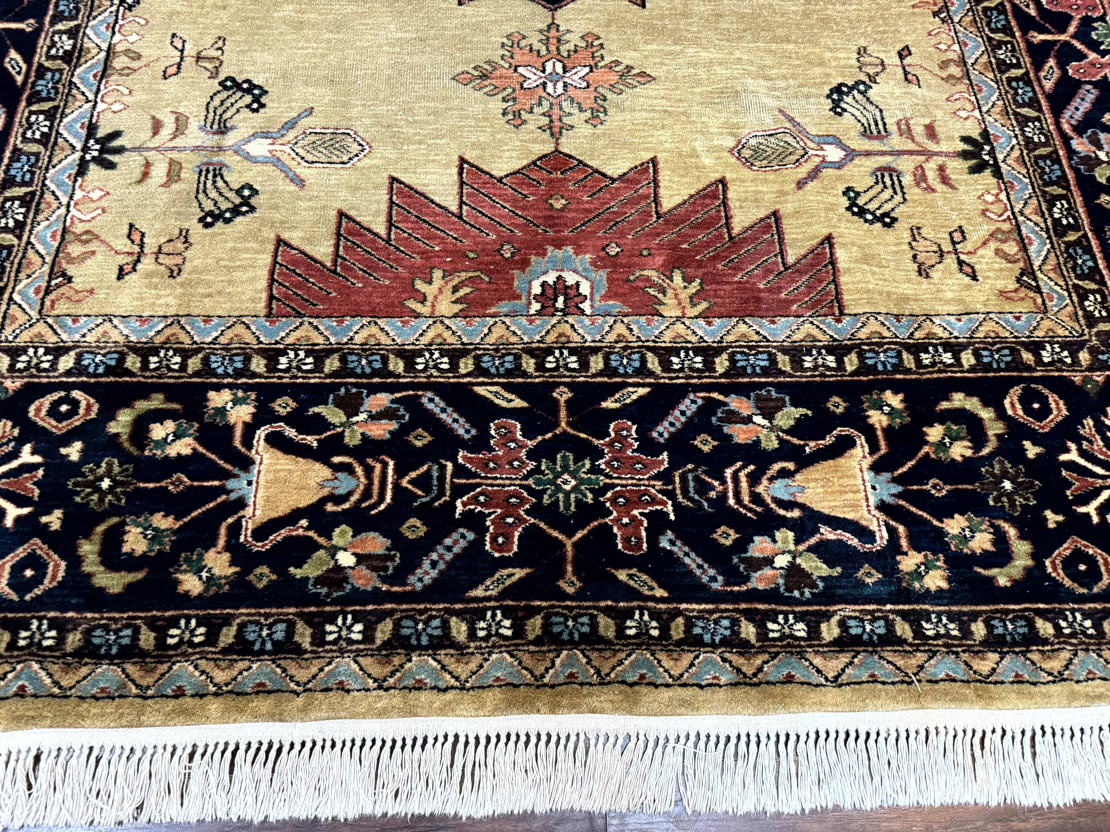 Indo Persian Heriz Rug 8x12, Camel Hair Tan and Navy Blue, Decorative