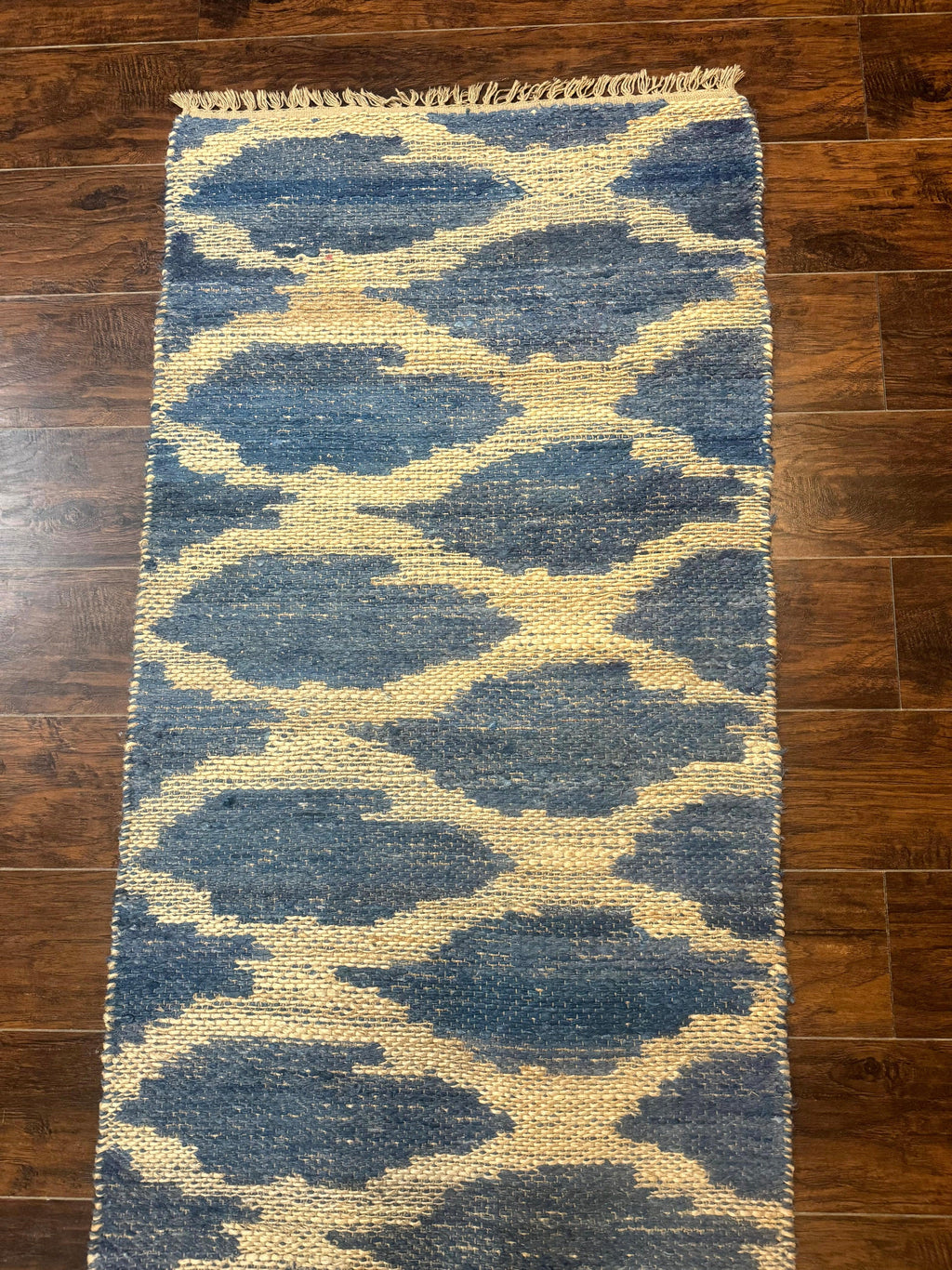 Modern Jute Runner Rug 2.9 x 7.9, Beige and Blue, Handwoven, Kaleen Rug