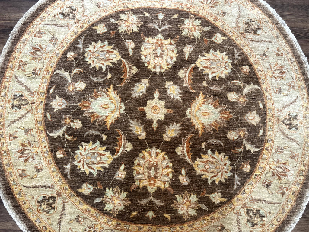 Round Pakistani Rug 6x6, Brown and Beige, Floral, Peshawar Rug, Traditional