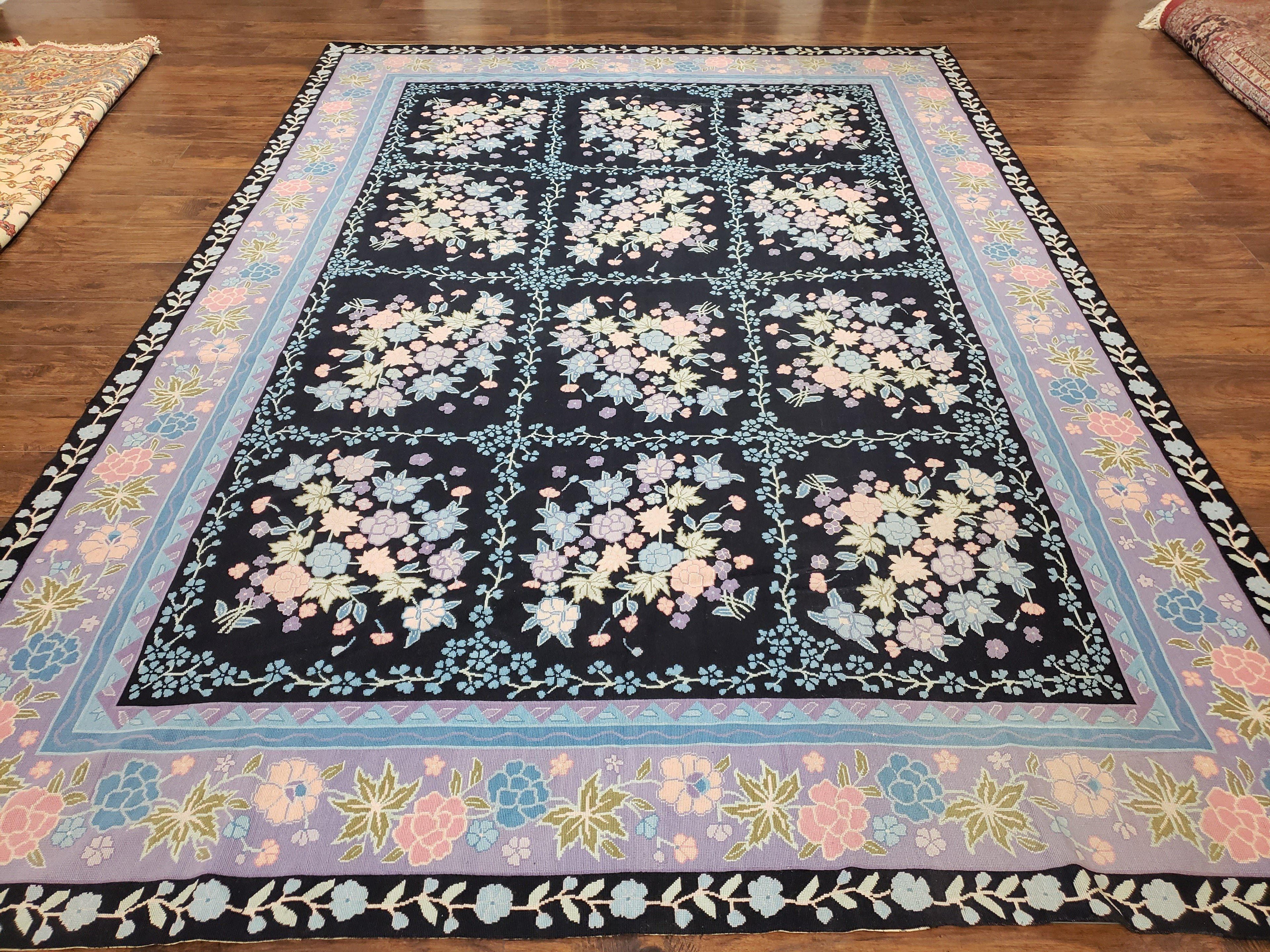 Chinese Needlepoint Rug 8 x 11.4, Hand-Woven Area Carpet, Flatweave Rug, Black Blue Light Violet Floral Garden European Design Wool Aubusson
