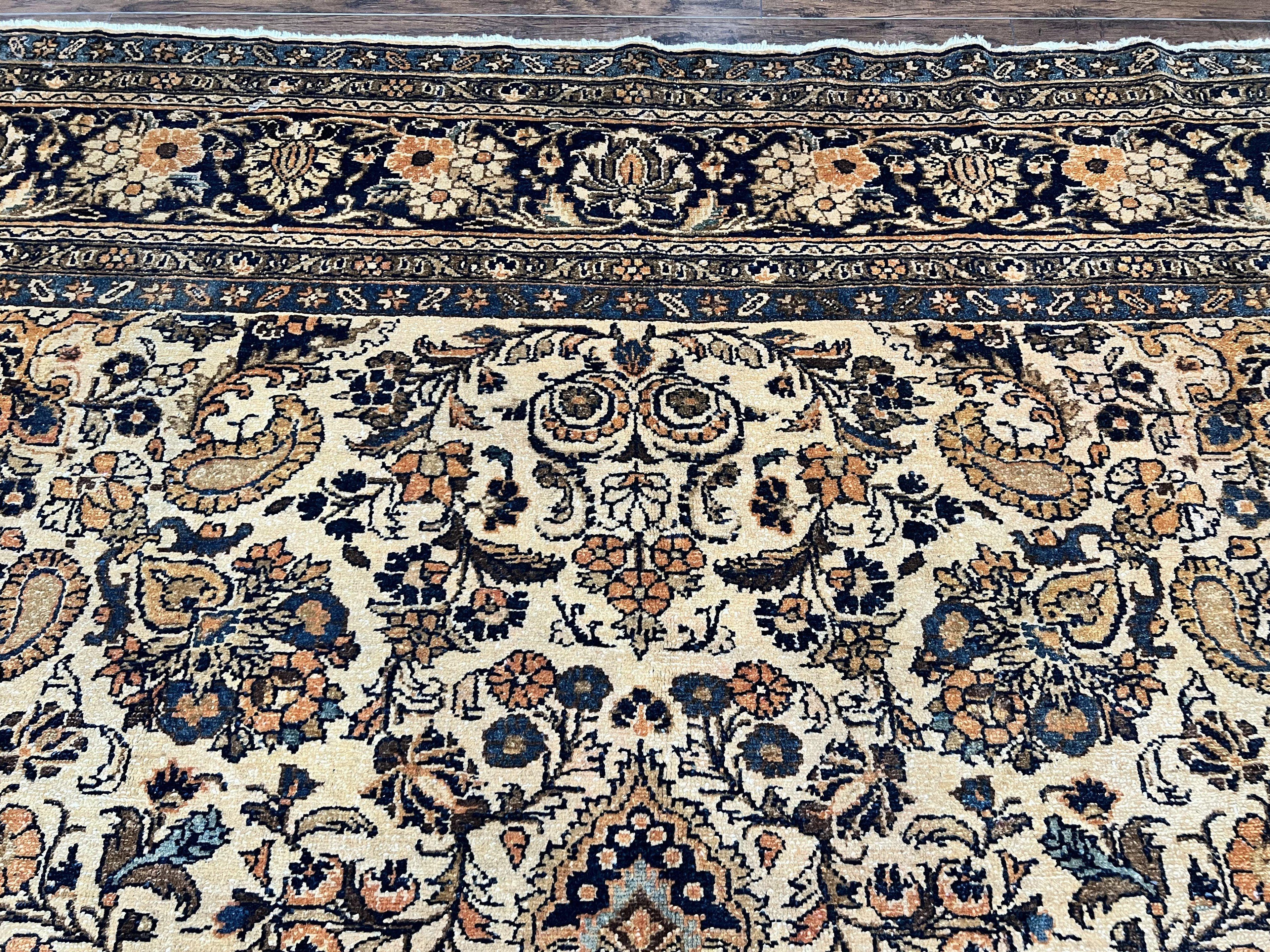 Antique Persian Rug 9x11, Wool Handmade 1920s Oriental Carpet, Persian Hamadan Anjelas Rug, Cream Black, Floral Allover Oriental Rug 9 x 11 Room Sized Rug