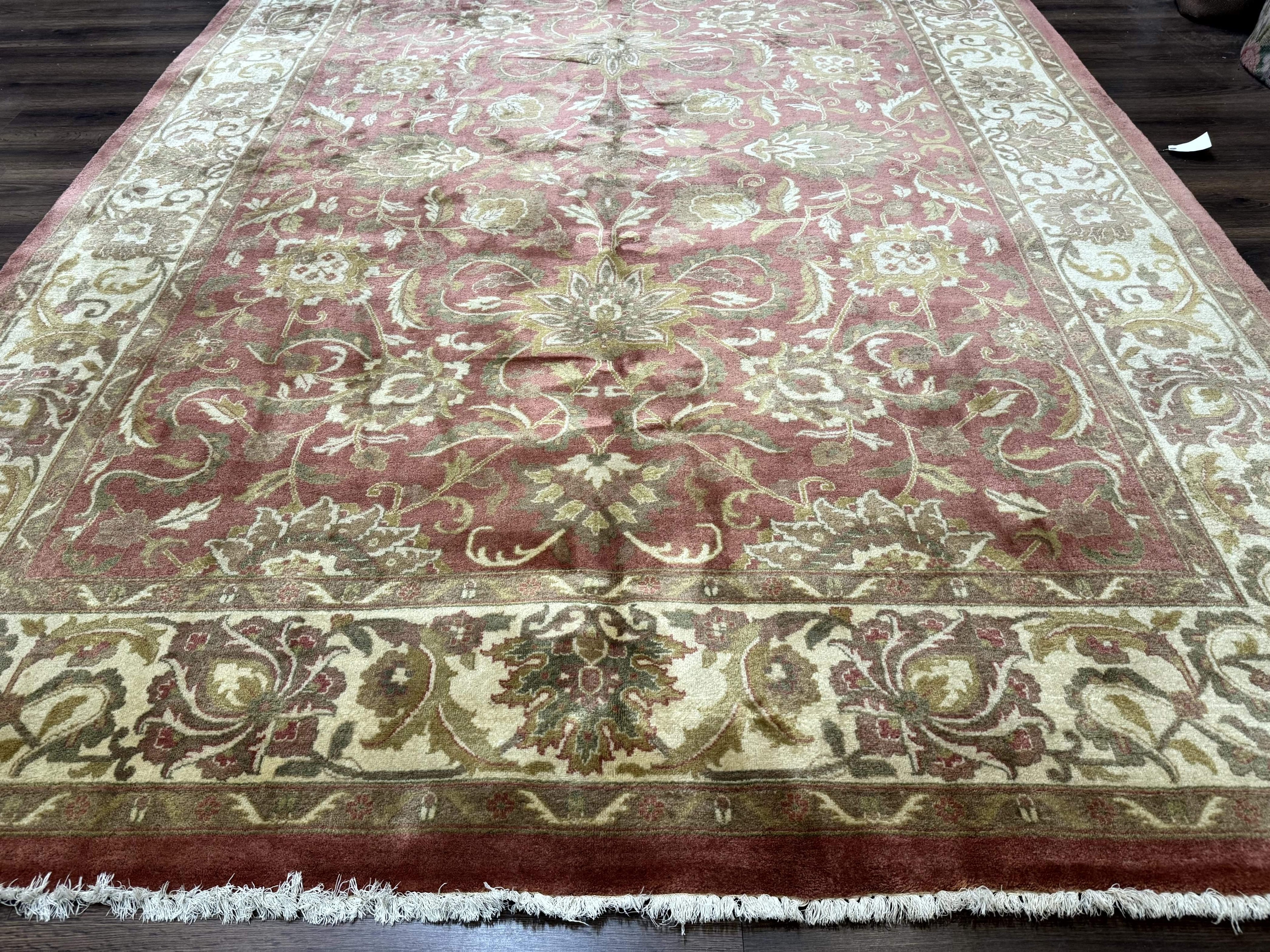 Indian Rug 8x11, Coral and Beige, Floral, Traditional Vintage Wool Carpet