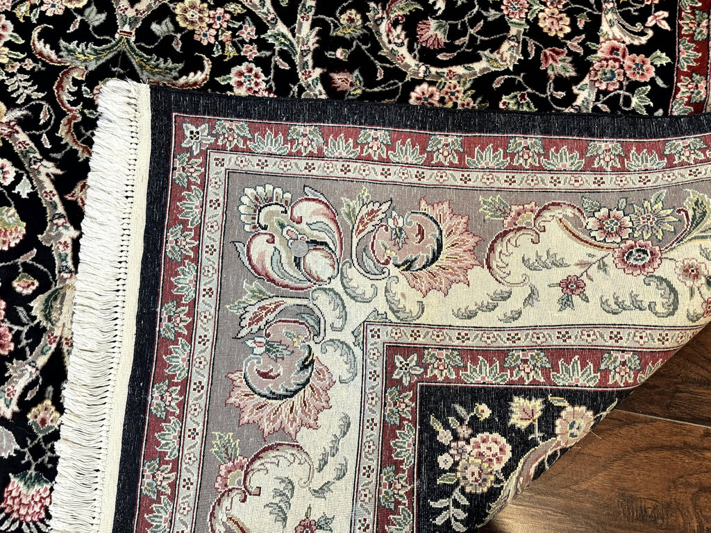 Black Pak Persian Rug 8x11, Floral Pattern, Hand Knotted Vintage Wool Rug with Silk Highlights, Fine 200 KPSI