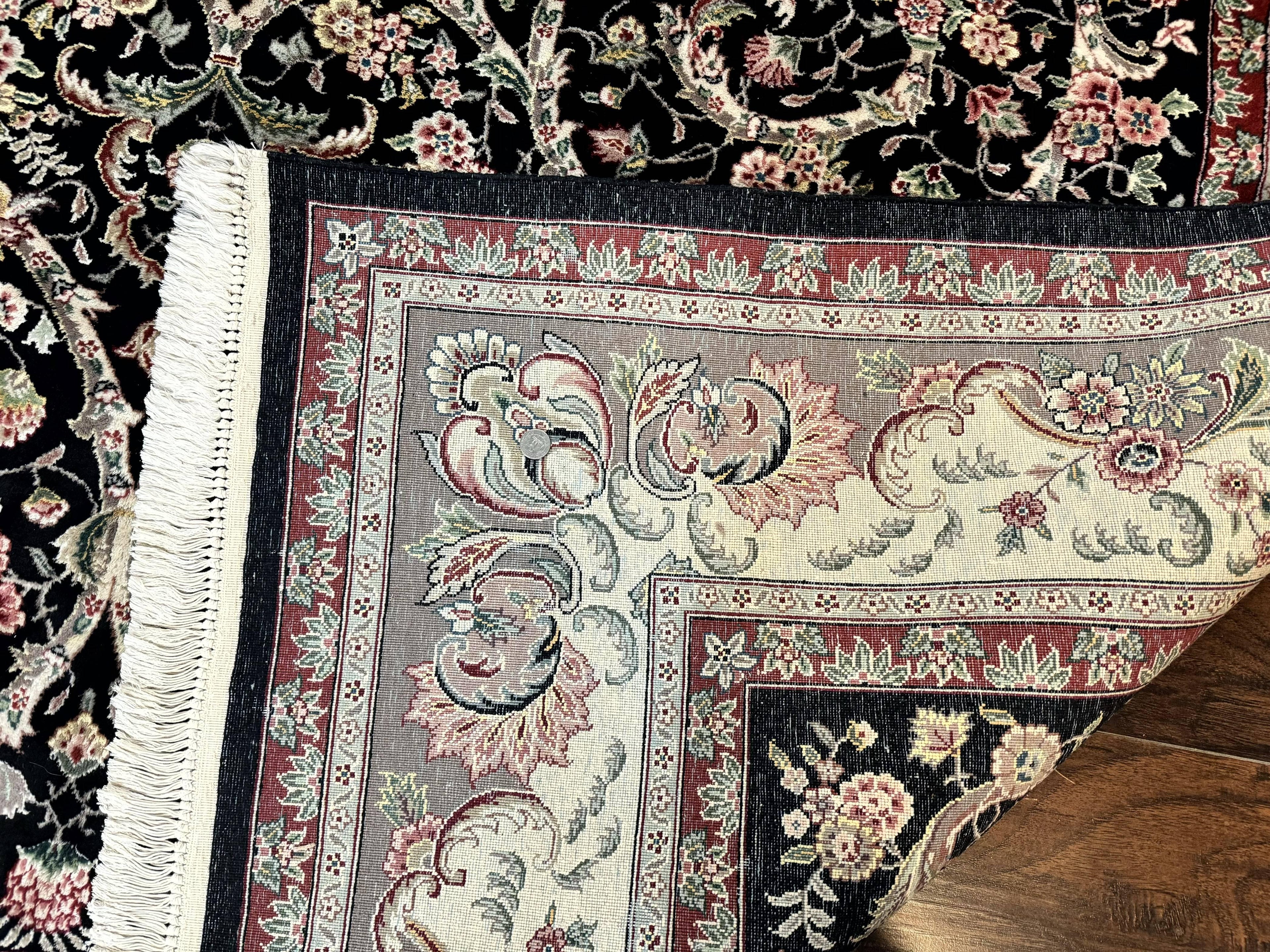 Black Pak Persian Rug 8x11, Floral Pattern, Hand Knotted Vintage Wool Rug with Silk Highlights, Fine 200 KPSI