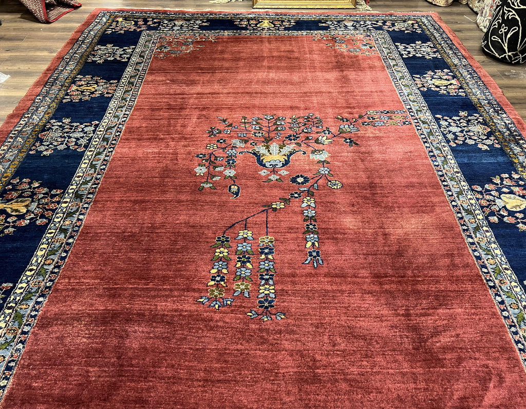 Large Persian Sarouk Rug 10x17, Open Field, Red and Navy Blue, Palace Sized Oversized Hand Knotted Wool Oriental Carpet Flowers Vases Antique 1920s