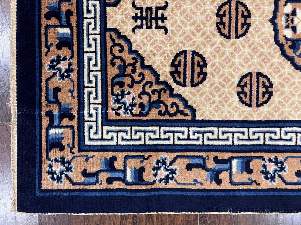 Chinese Peking Rug 3x5, Antique Chinese Art Deco Carpet, Blue Ivory Tan, Hand Knotted Wool Asian Oriental Rug 3 x 5 Vintage Small Peking Rug