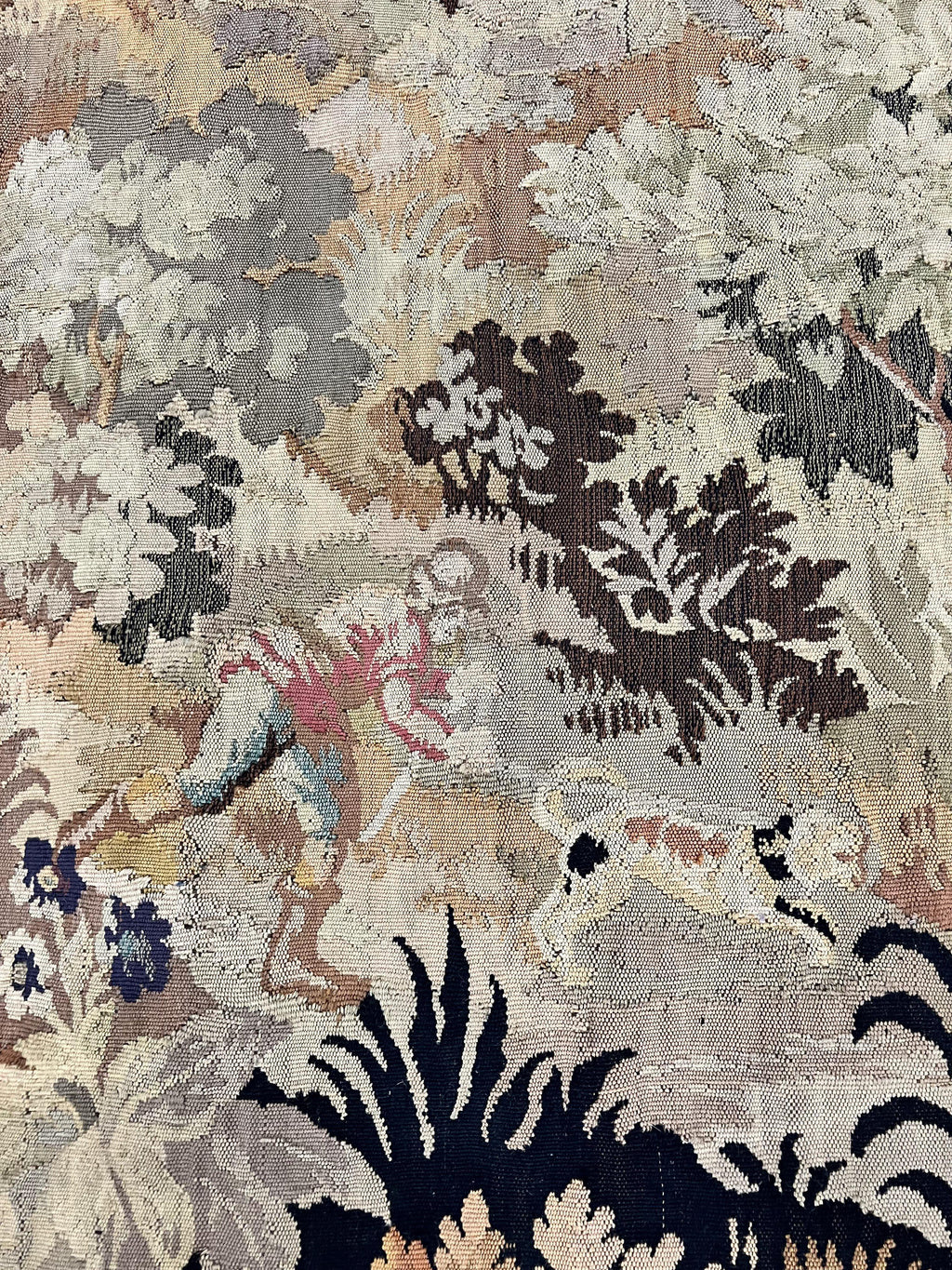 Antique French Tapestry 6x5 ft, European Handmade Wool Aubusson Weave Vintage Tapestry
