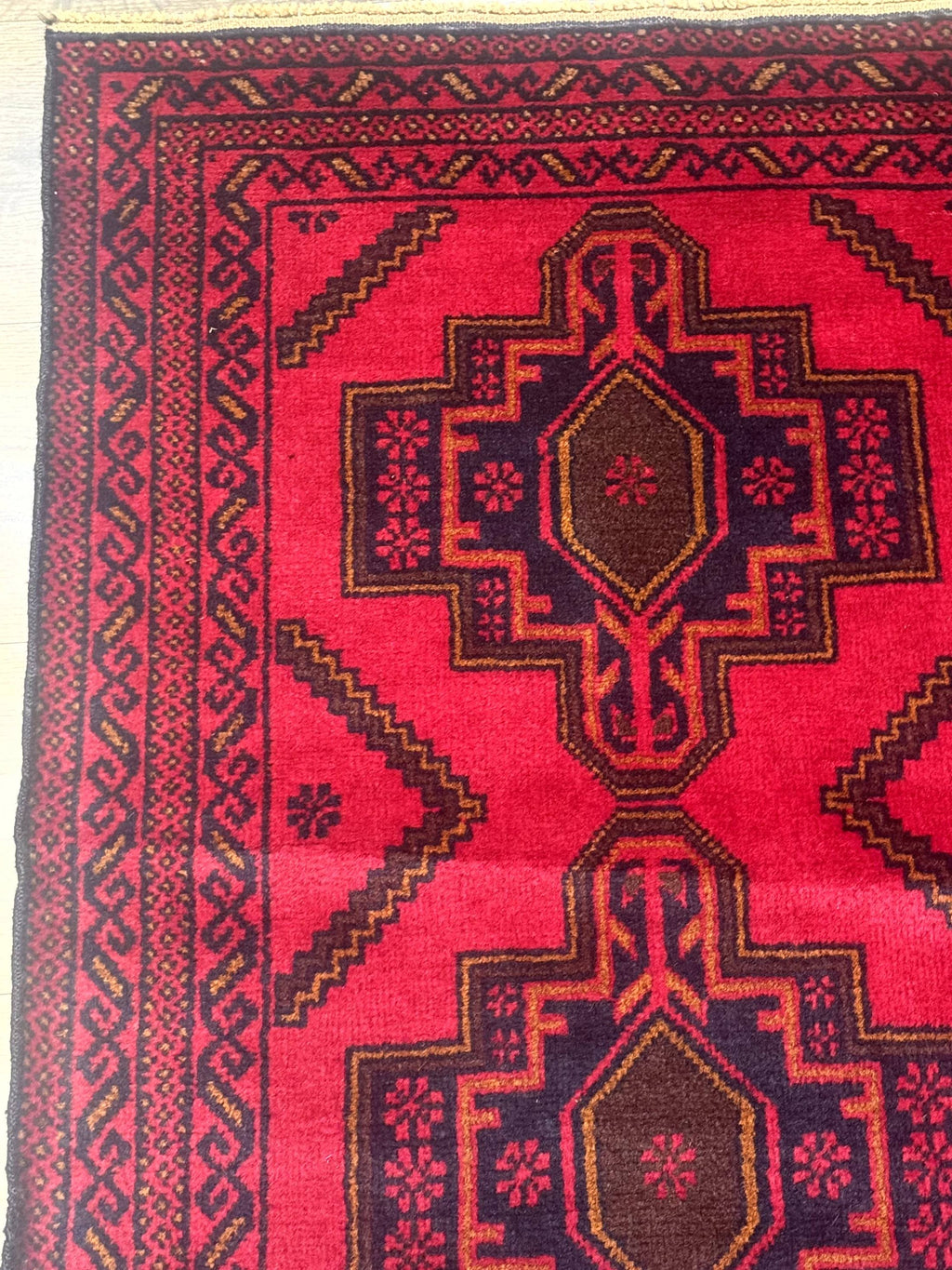 Afghan Rug 4x7, Tribal Carpet, Balouch Rug, Red and Navy Blue, Repeated Medallions, New