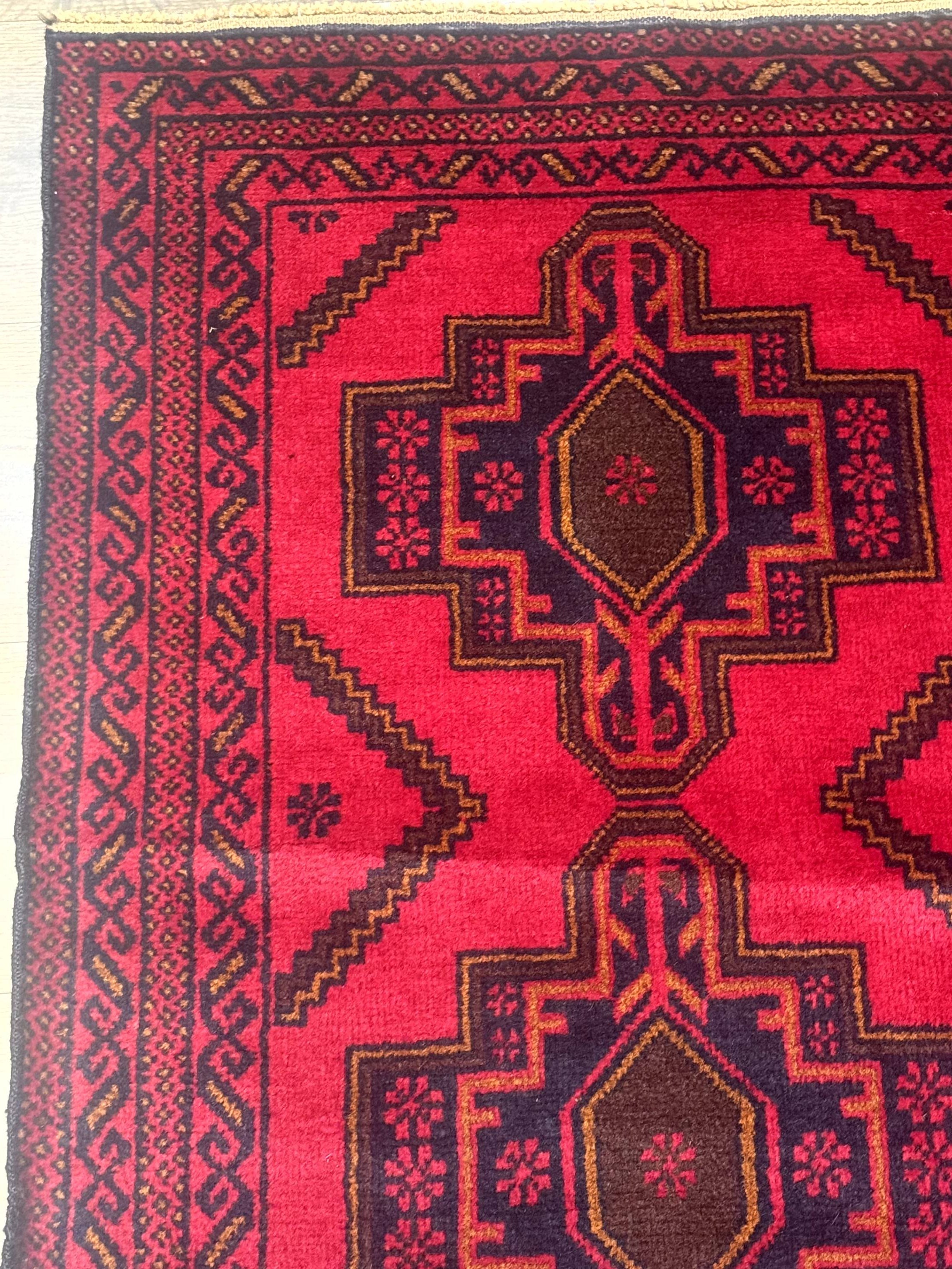 Afghan Rug 4x7, Tribal Carpet, Balouch Rug, Red and Navy Blue, Repeated Medallions, New