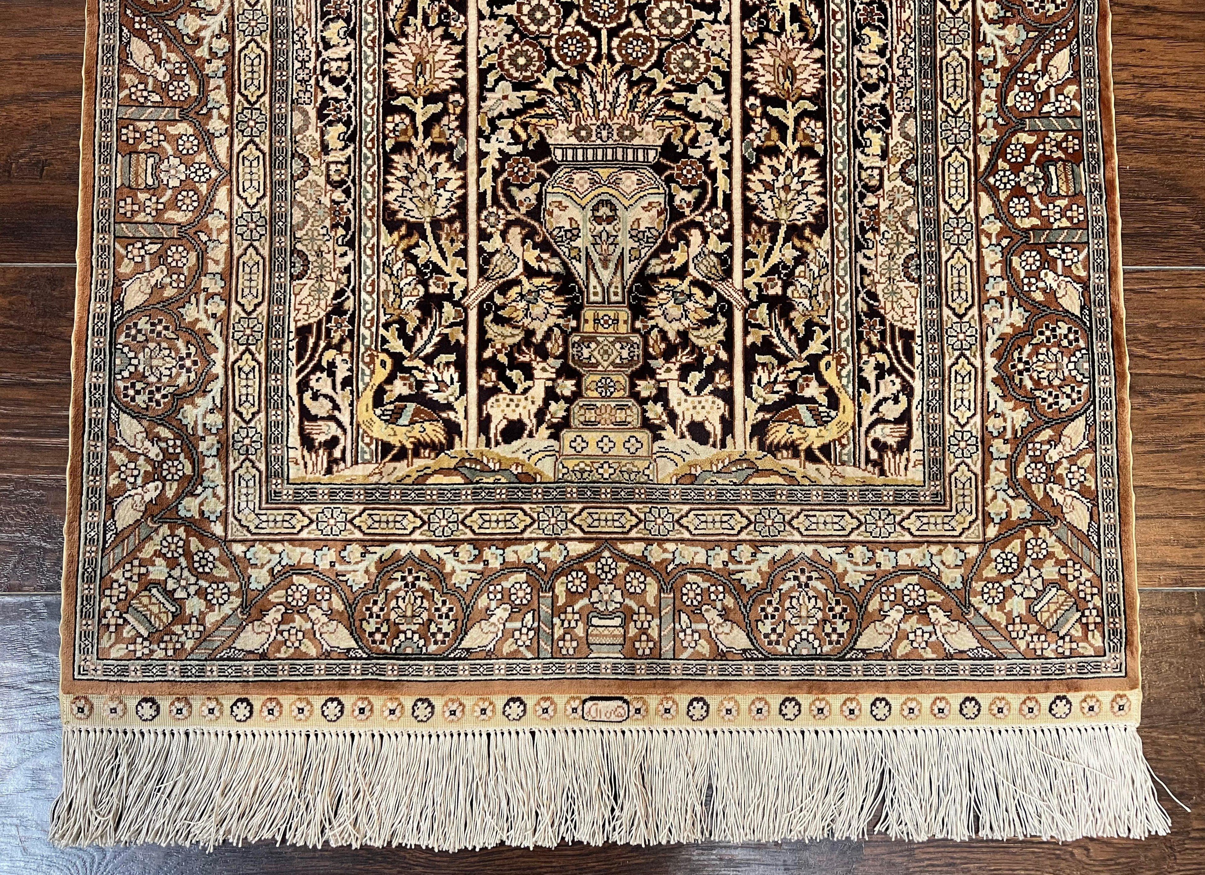 Turkish Silk Hereke Rug 2x3, Floral Vase Tree of Life Birds, Silk Pile on Silk Foundation, Vintage Oriental Carpet, Very Fine, Signature