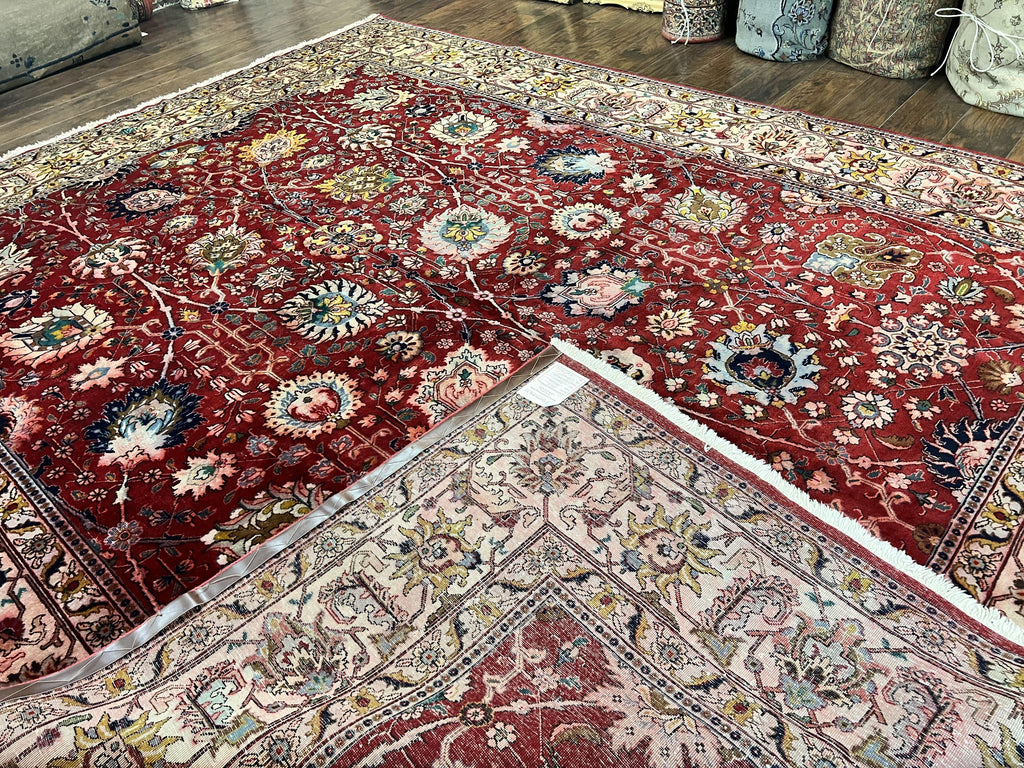 Persian Tabriz Rug 10x12, Floral Allover, Handmade Vintage Wool Carpet, Red and Cream