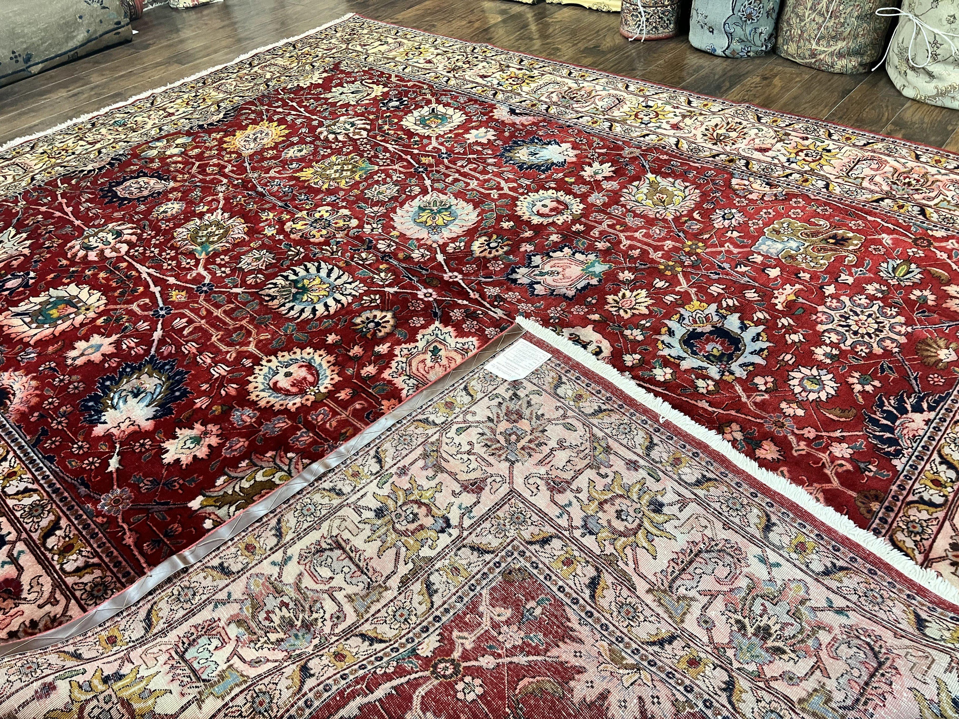 Persian Tabriz Rug 10x12, Floral Allover, Handmade Vintage Wool Carpet, Red and Cream